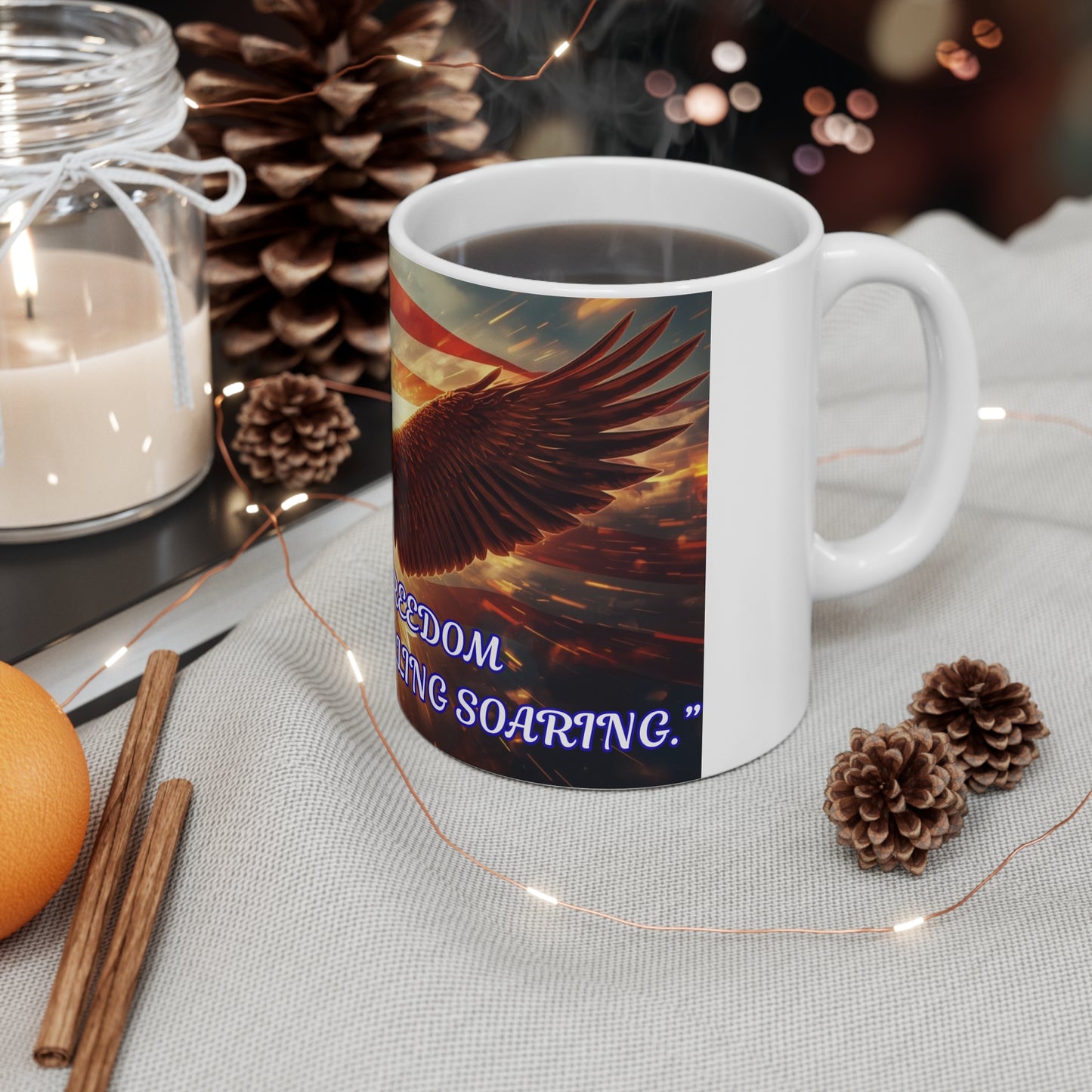 Ceramic Mug — Patriotic Bald Eagle with American Flag, “250 Years of Freedom” Coffee Cup (11oz/15oz)