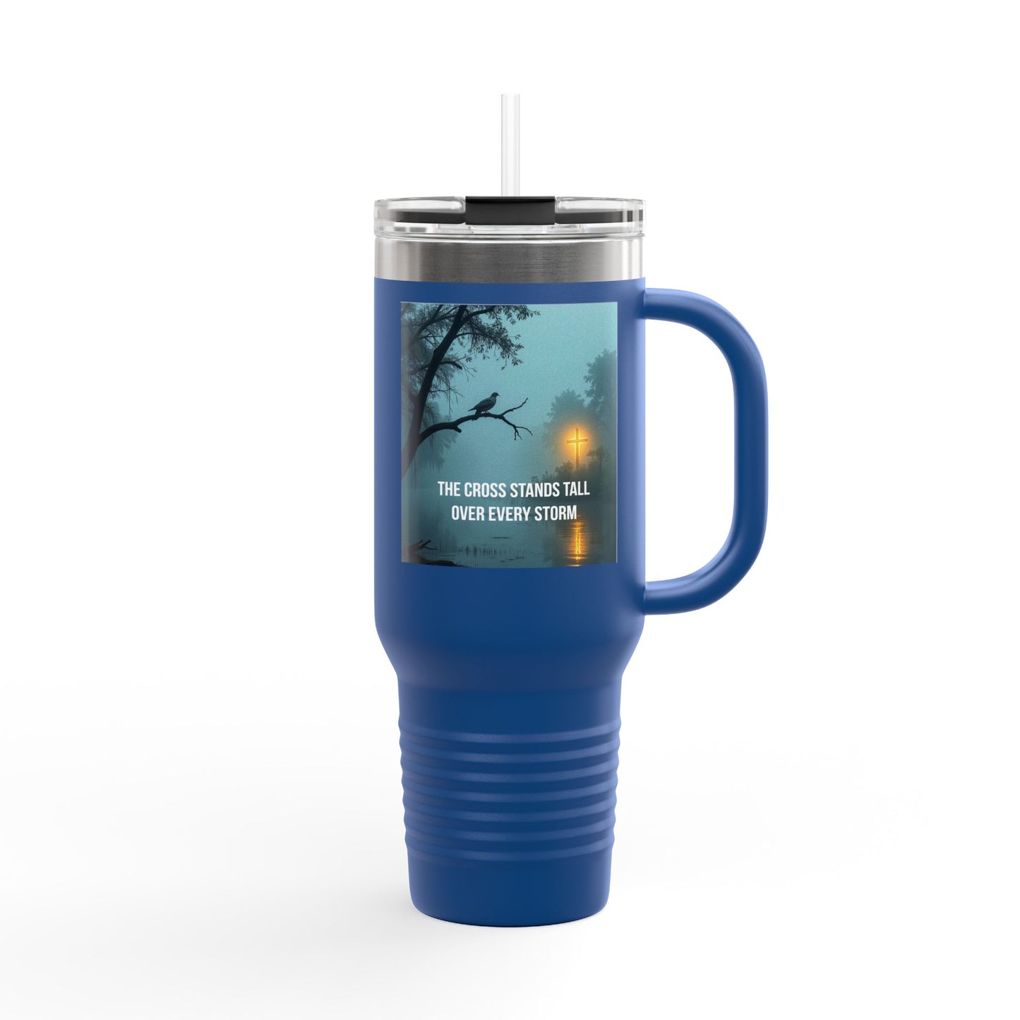 40oz Insulated Travel Mug — "The Cross Stands Tall Over Every Storm" Scenic Faith Design