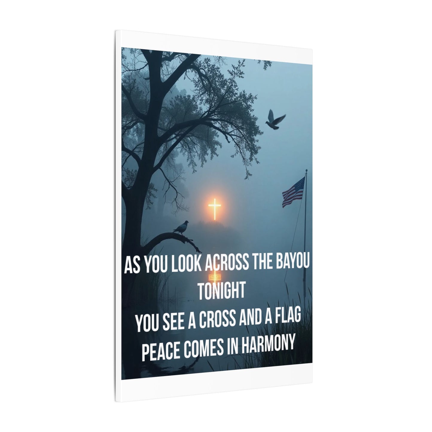 Bayou Cross & Flag Matte Canvas Wall Art – Inspirational Patriotic Christian Quote