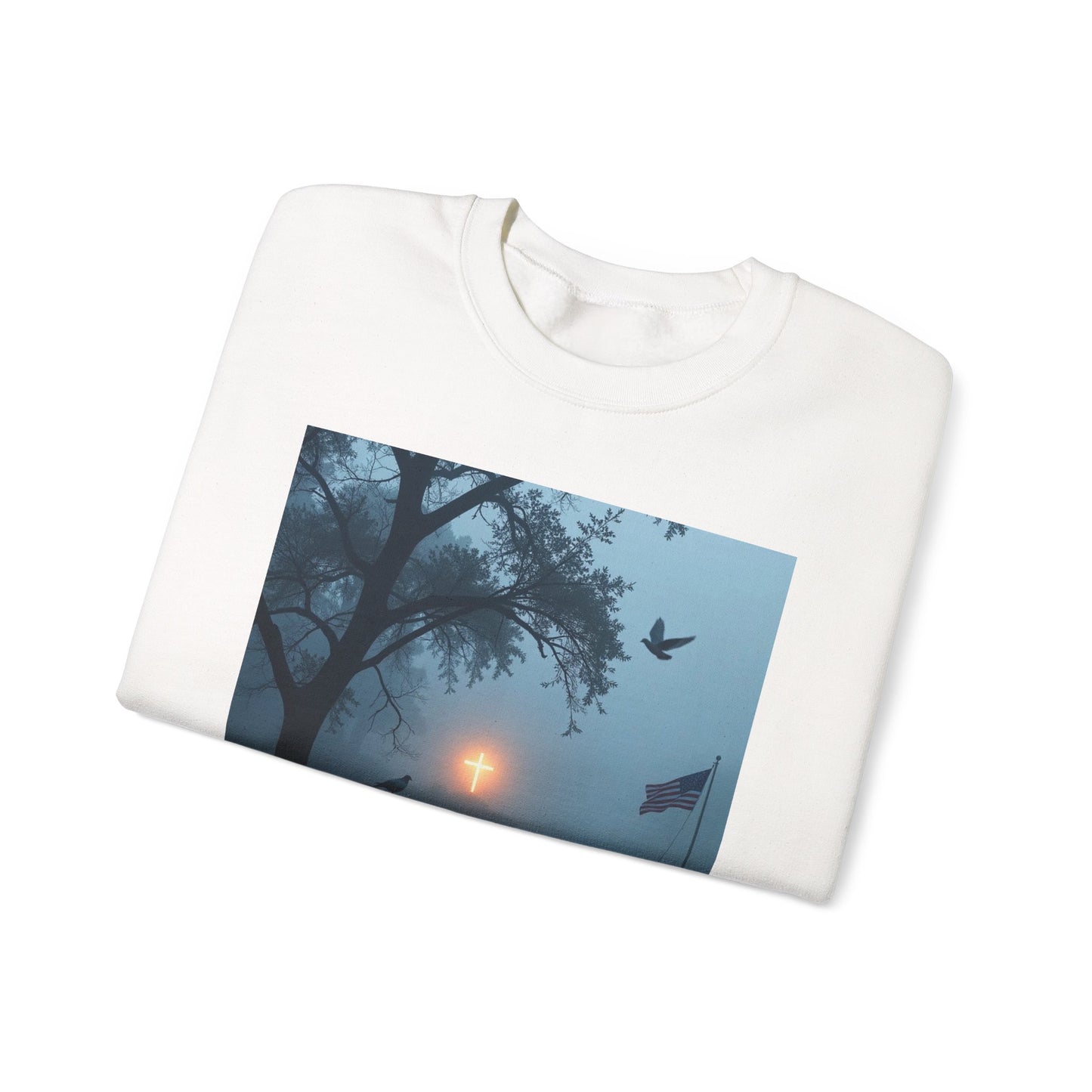 Crewneck Sweatshirt — Bayou Nightscape with Lyrics: "As You Look Across the Bayou Tonight"