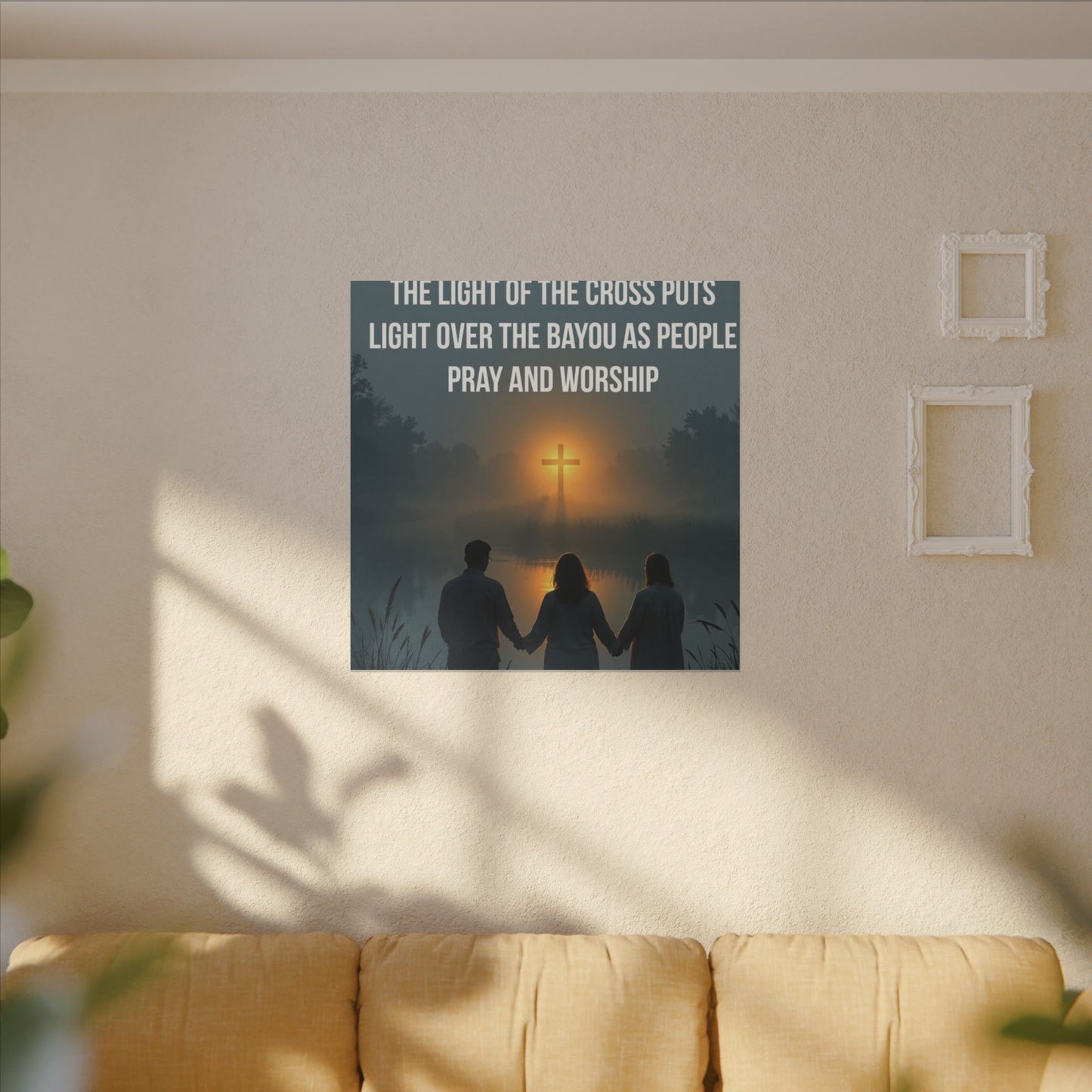 Faith Wall Art Canvas — “The Light of the Cross Puts Light Over the Bayou as People Pray and Worship”