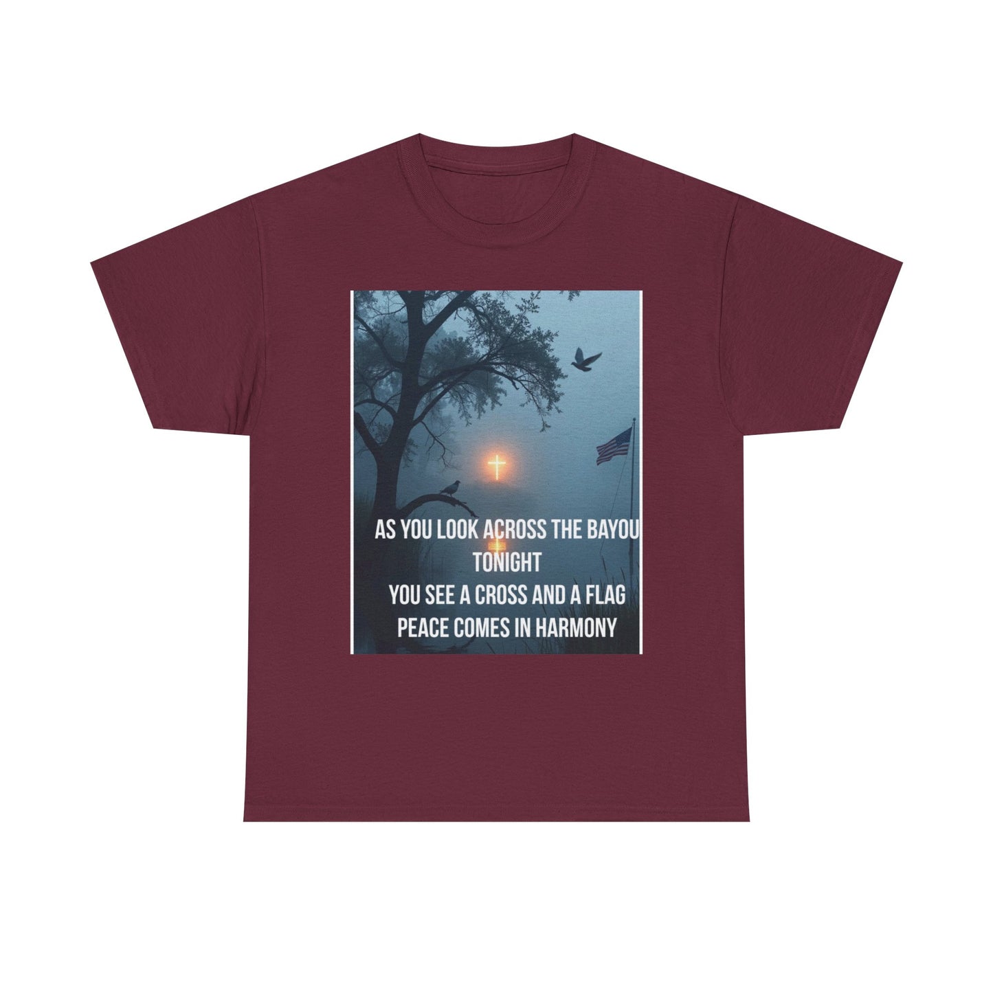 T-Shirt — Bayou Sunset Cross & Flag Graphic Tee ("As You Look Across the Bayou Tonight")