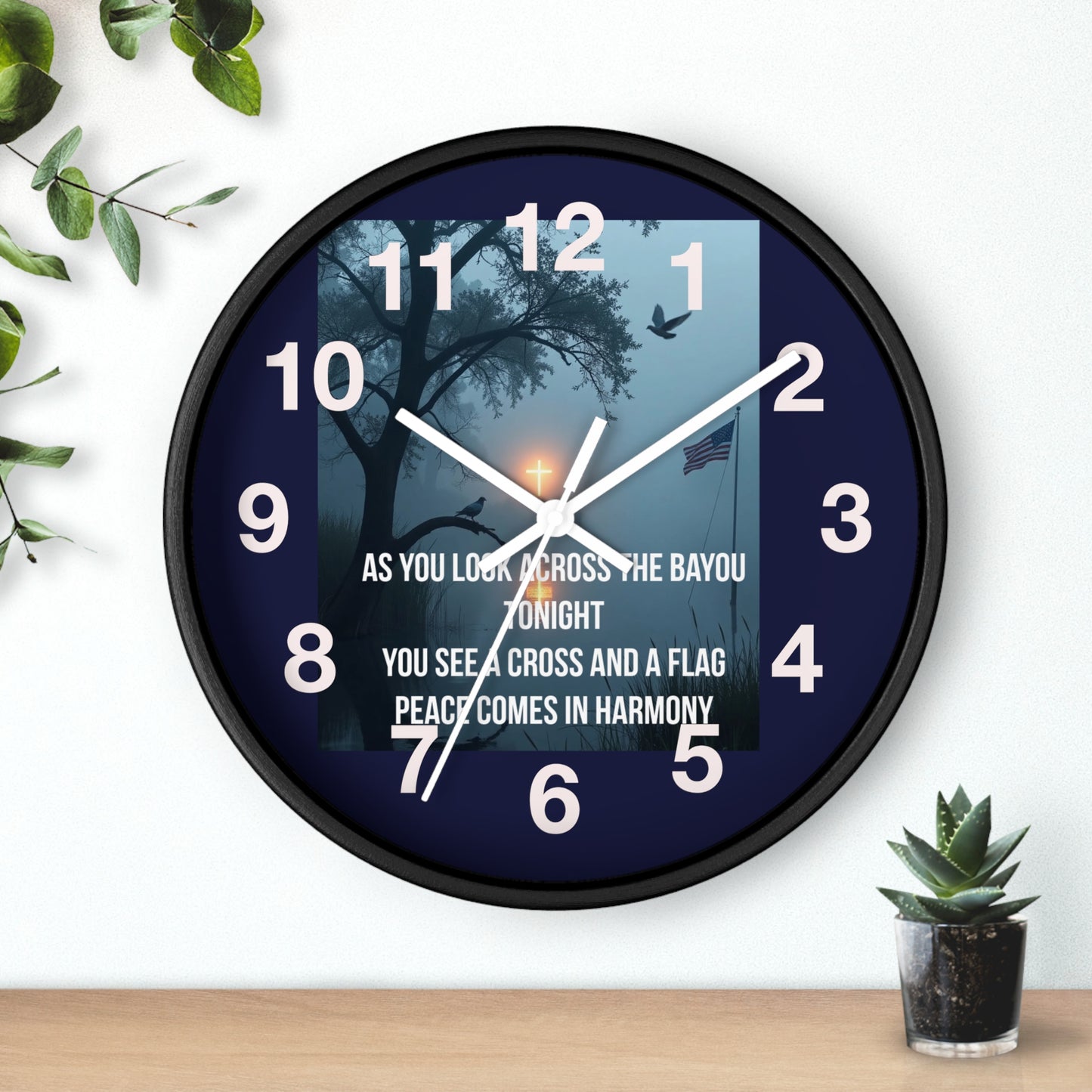 Bayou Cross & Flag Wall Clock — Patriotic Peaceful Sunset Decor