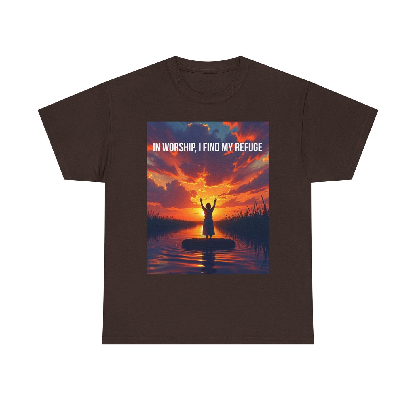 Worship Refuge T-Shirt — "In Worship, I Find My Refuge" Sunset Silhouette Christian Tee