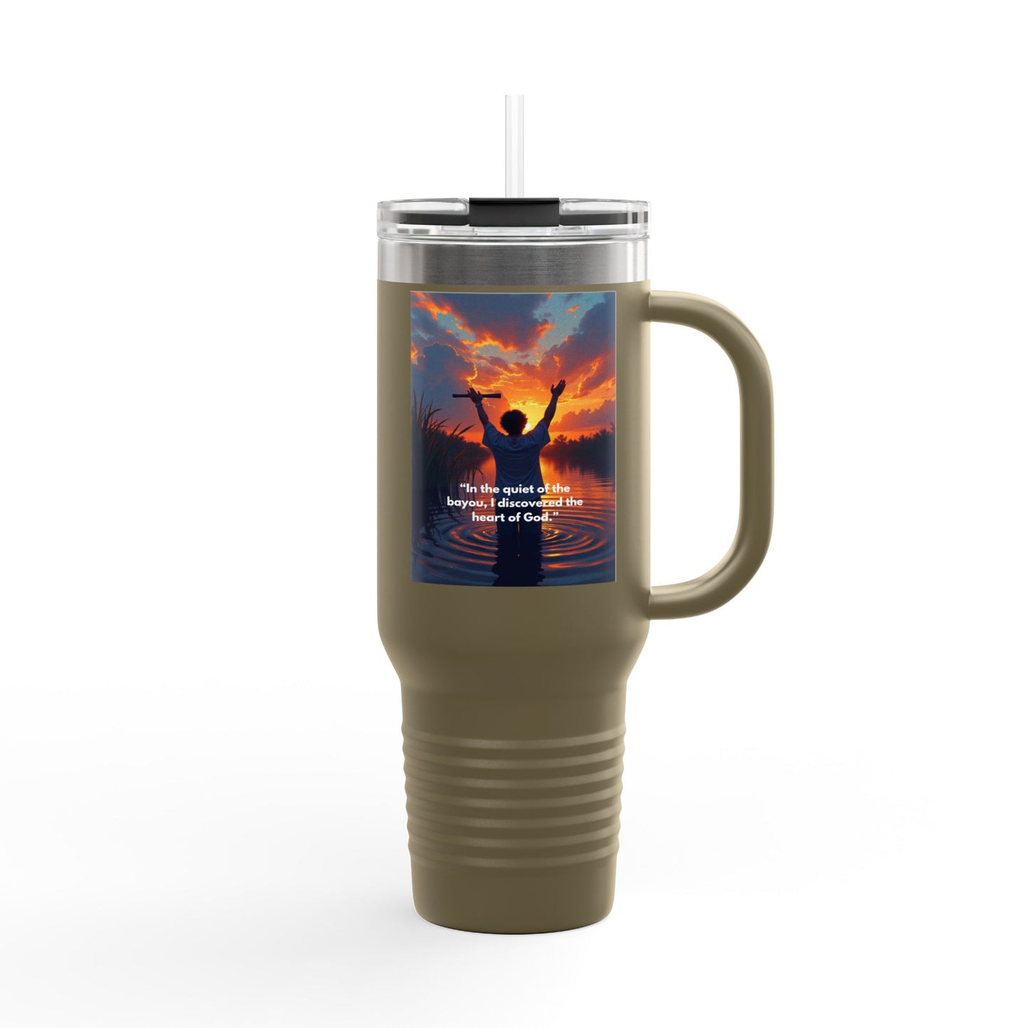 40oz Insulated Travel Mug — Christian Sunrise Design with Scripture Quote