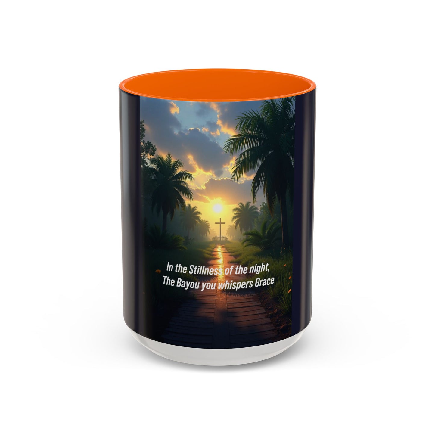 Accent Coffee Mug — Tranquil Bayou Sunset Mug with Cross & Inspirational Quote