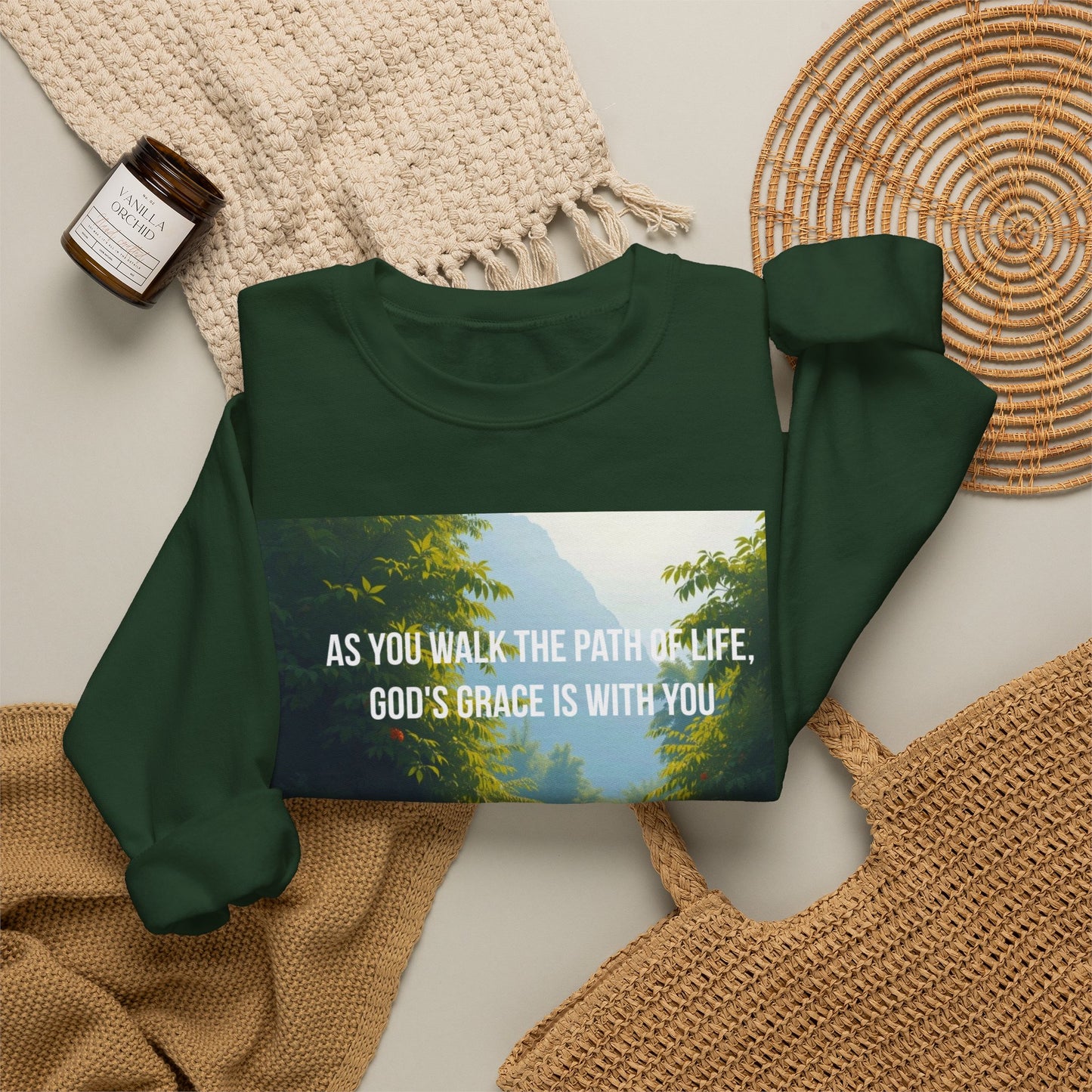 Crewneck Sweatshirt — "As You Walk the Path of Life, God’s Grace Is With You" Inspirational Christian Sweatshirt