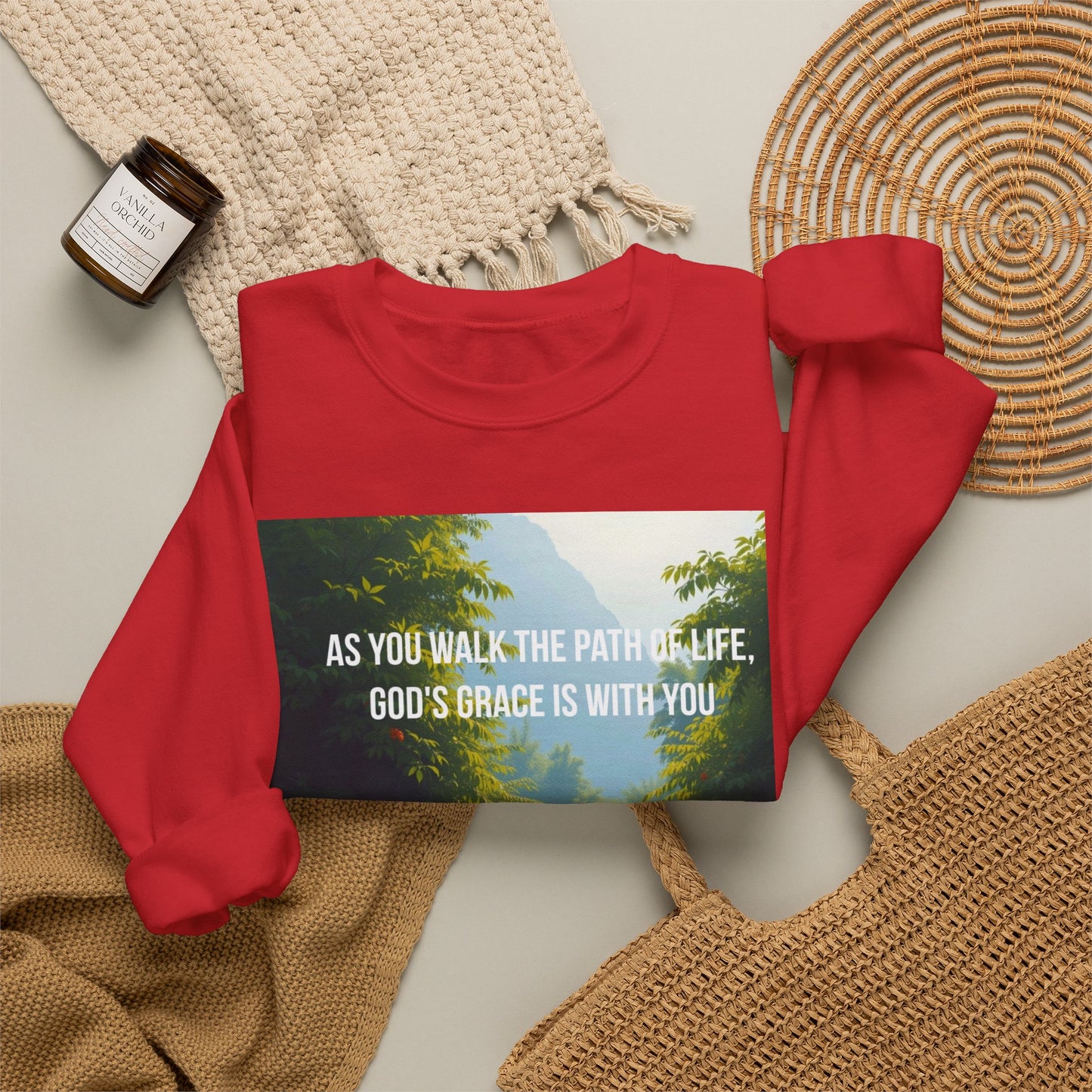 Crewneck Sweatshirt — "As You Walk the Path of Life, God’s Grace Is With You" Inspirational Christian Sweatshirt