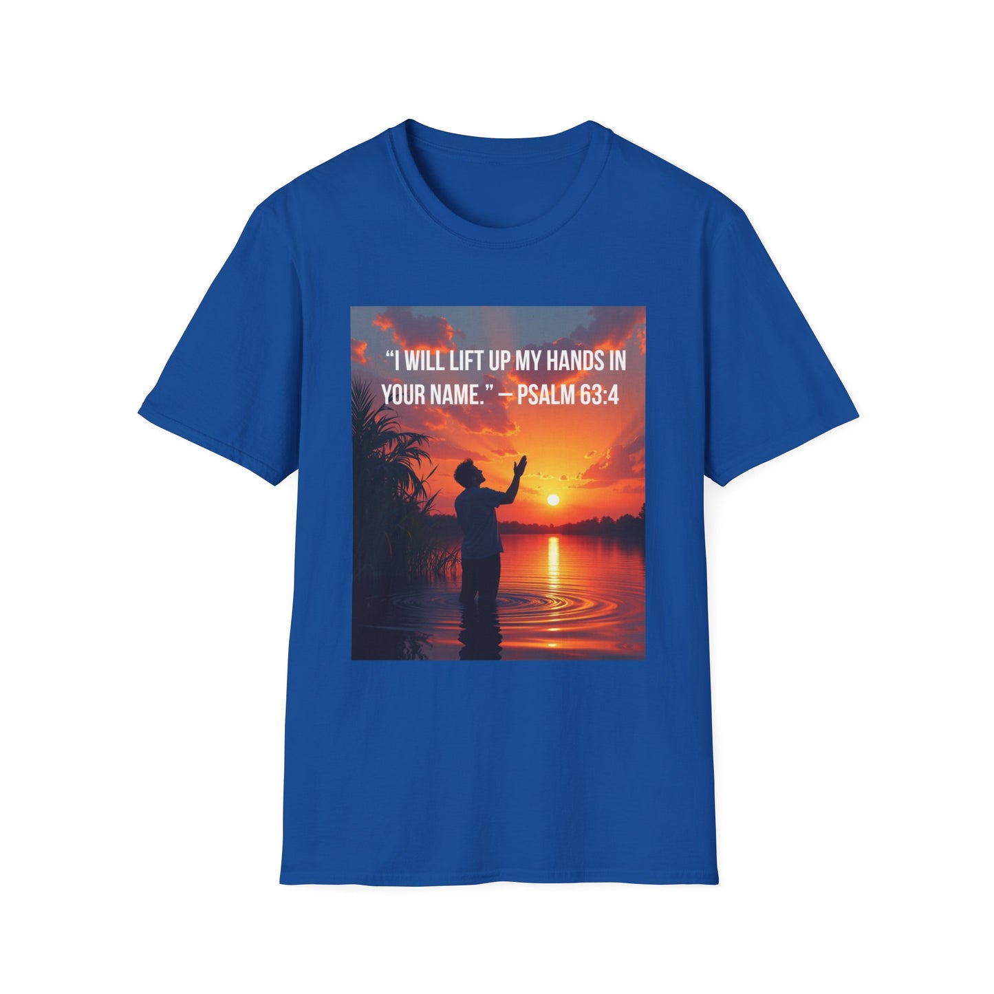 Psalm 63:4 Sunset Prayer T-Shirt — "I Will Lift Up My Hands in Your Name" Christian Tee