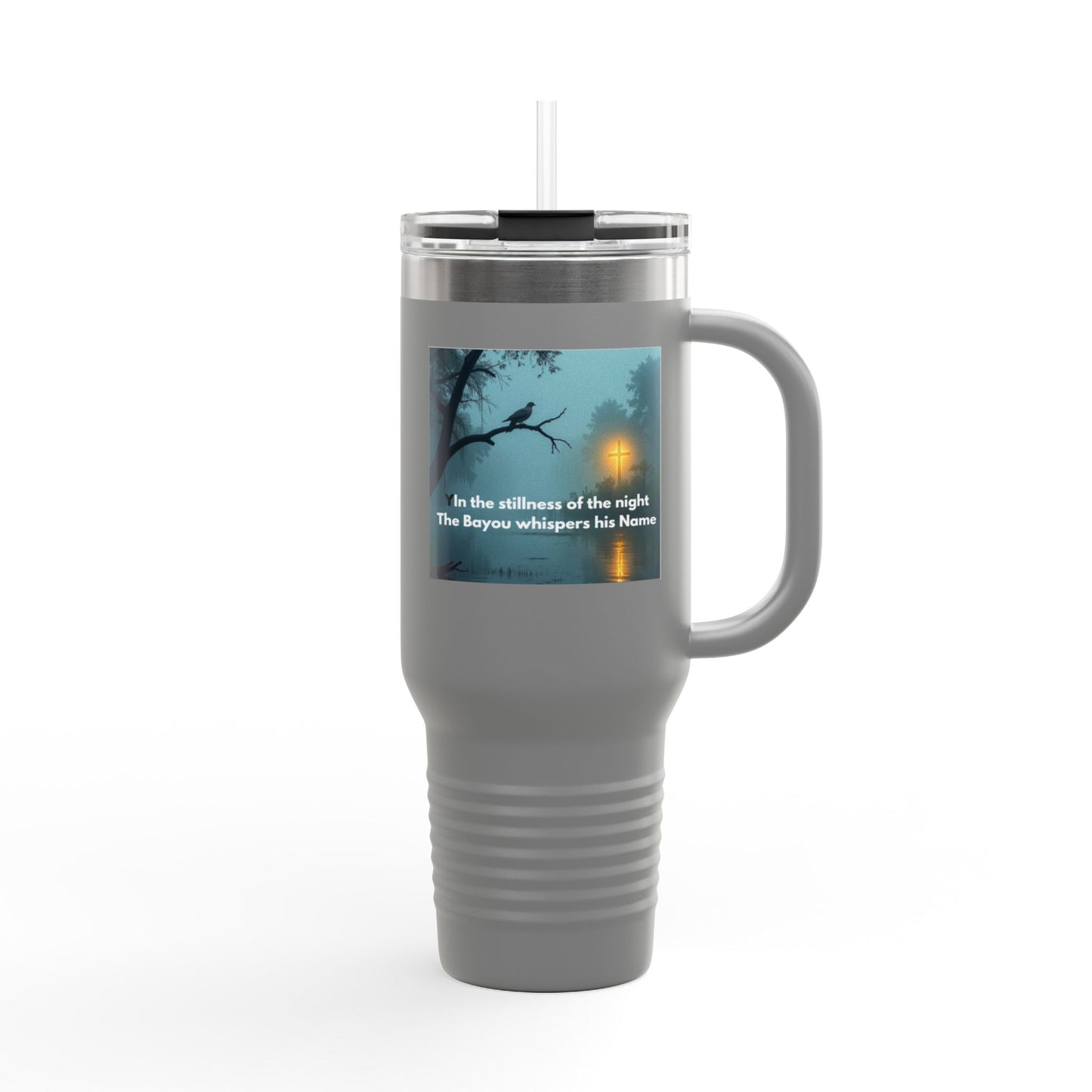 40oz Insulated Travel Mug — 'In the Stillness of the Night' Forest Quote Design