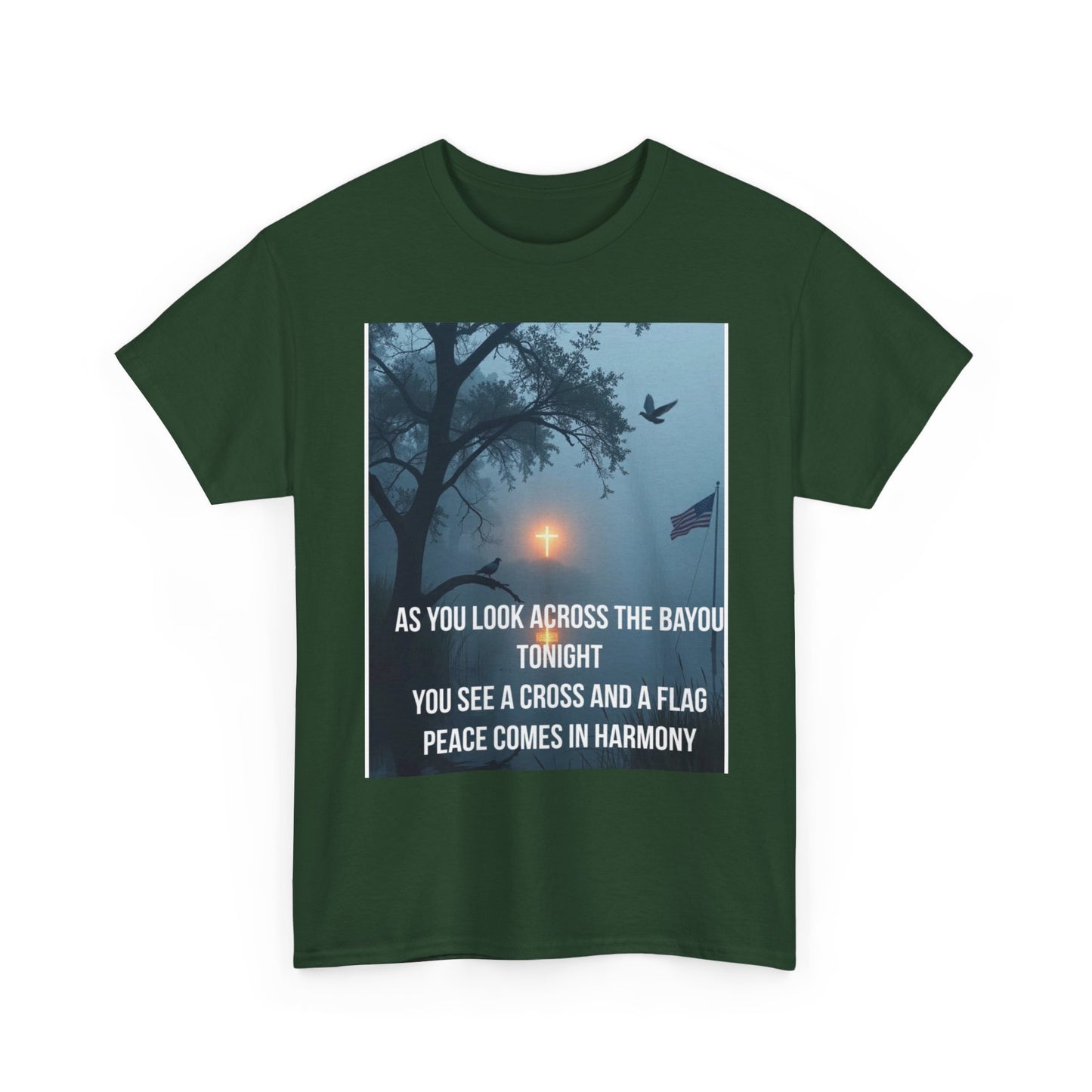 T-Shirt — Bayou Sunset Cross & Flag Graphic Tee ("As You Look Across the Bayou Tonight")
