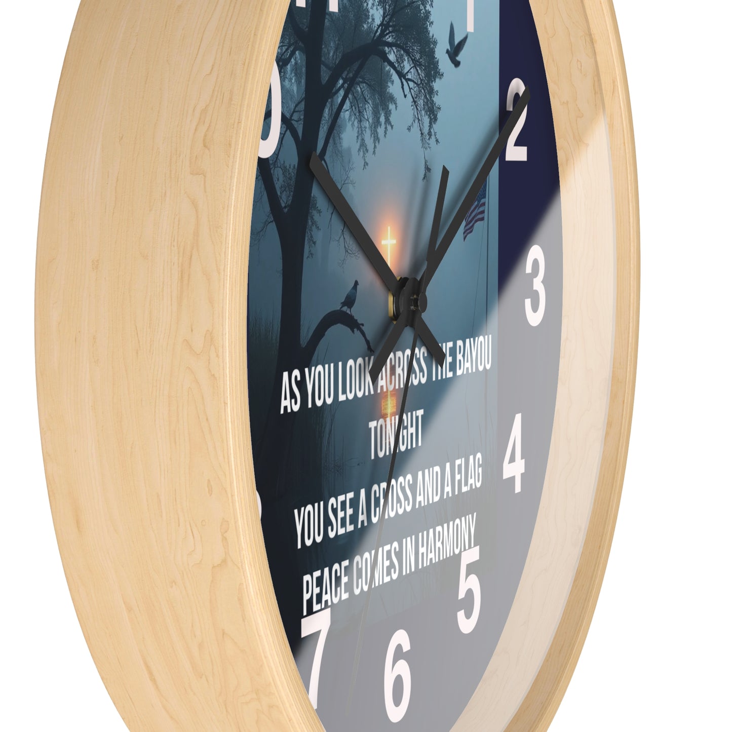 Bayou Cross & Flag Wall Clock — Patriotic Peaceful Sunset Decor