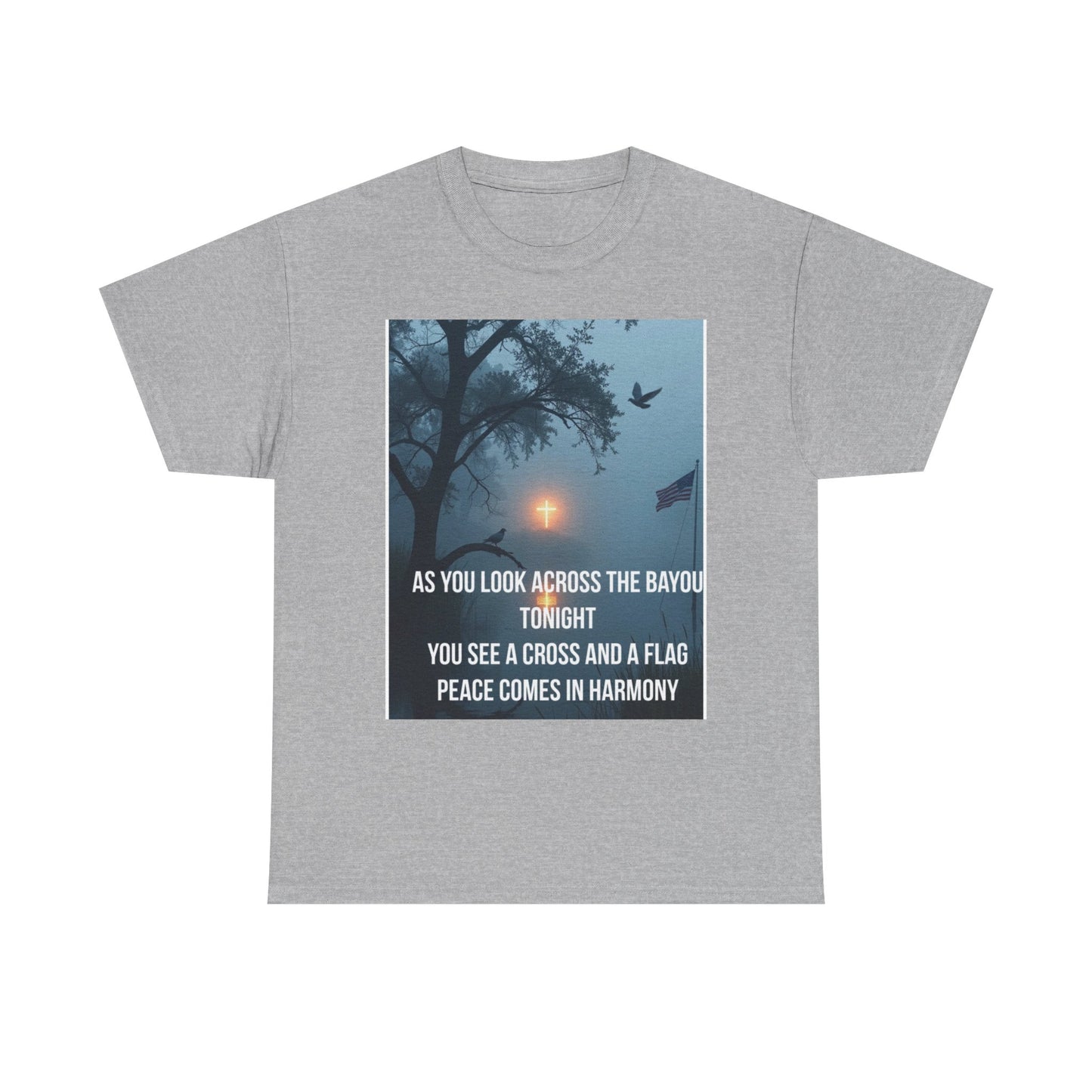 T-Shirt — Bayou Sunset Cross & Flag Graphic Tee ("As You Look Across the Bayou Tonight")