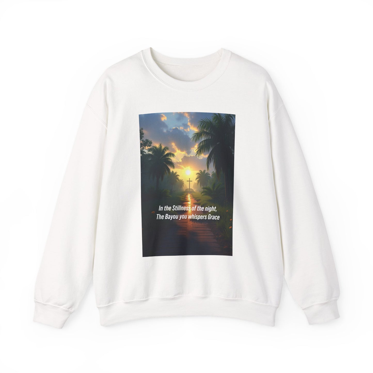 Sunset Palm Cross Sweatshirt — 'In the stillness of the night, The Bayou you whisper Grace'