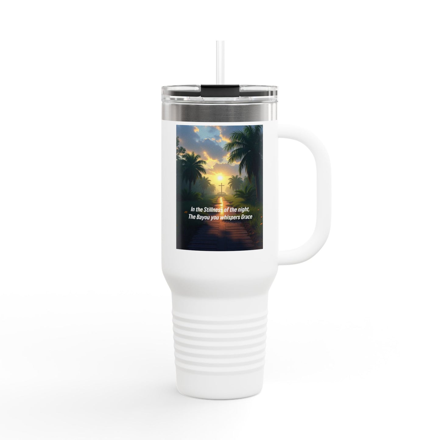 40oz Insulated Travel Mug — Tropical Sunset Design with Inspirational Quote