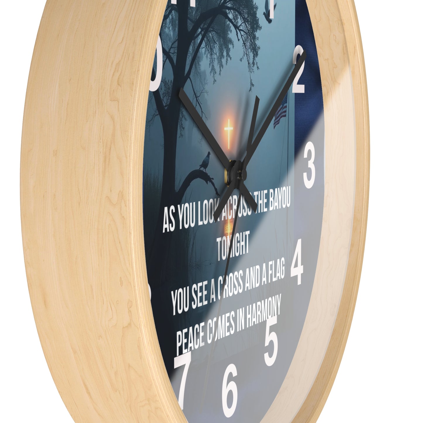 Bayou Cross & Flag Wall Clock — Patriotic Peaceful Scene with Lyrics