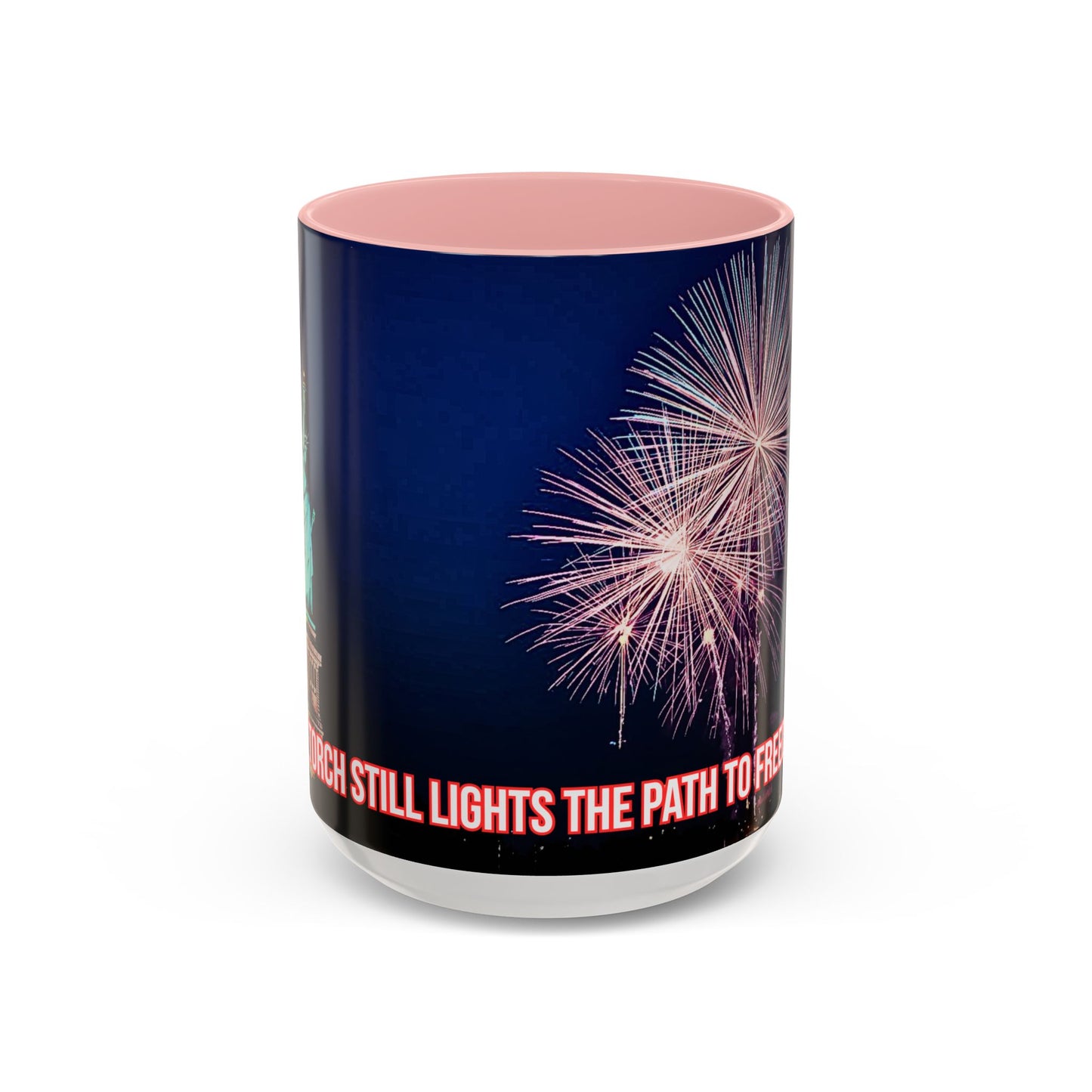 Fireworks Accent Coffee Mug — Inspirational "Lights the Path to Freedom" Design