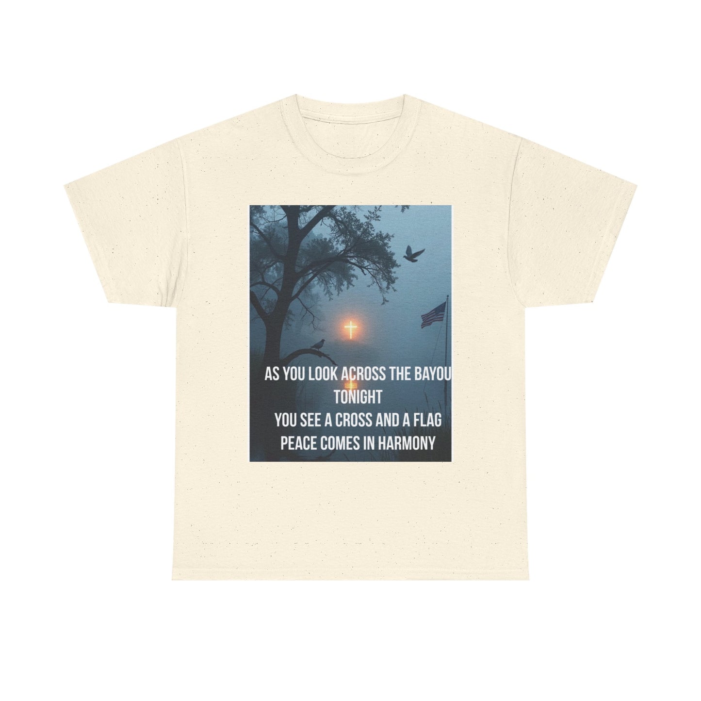 T-Shirt — Bayou Sunset Cross & Flag Graphic Tee ("As You Look Across the Bayou Tonight")