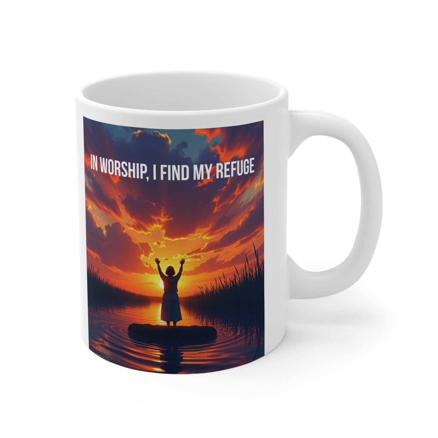 Sunset Lake Mug — "In Worship" Inspirational Ceramic Coffee Cup