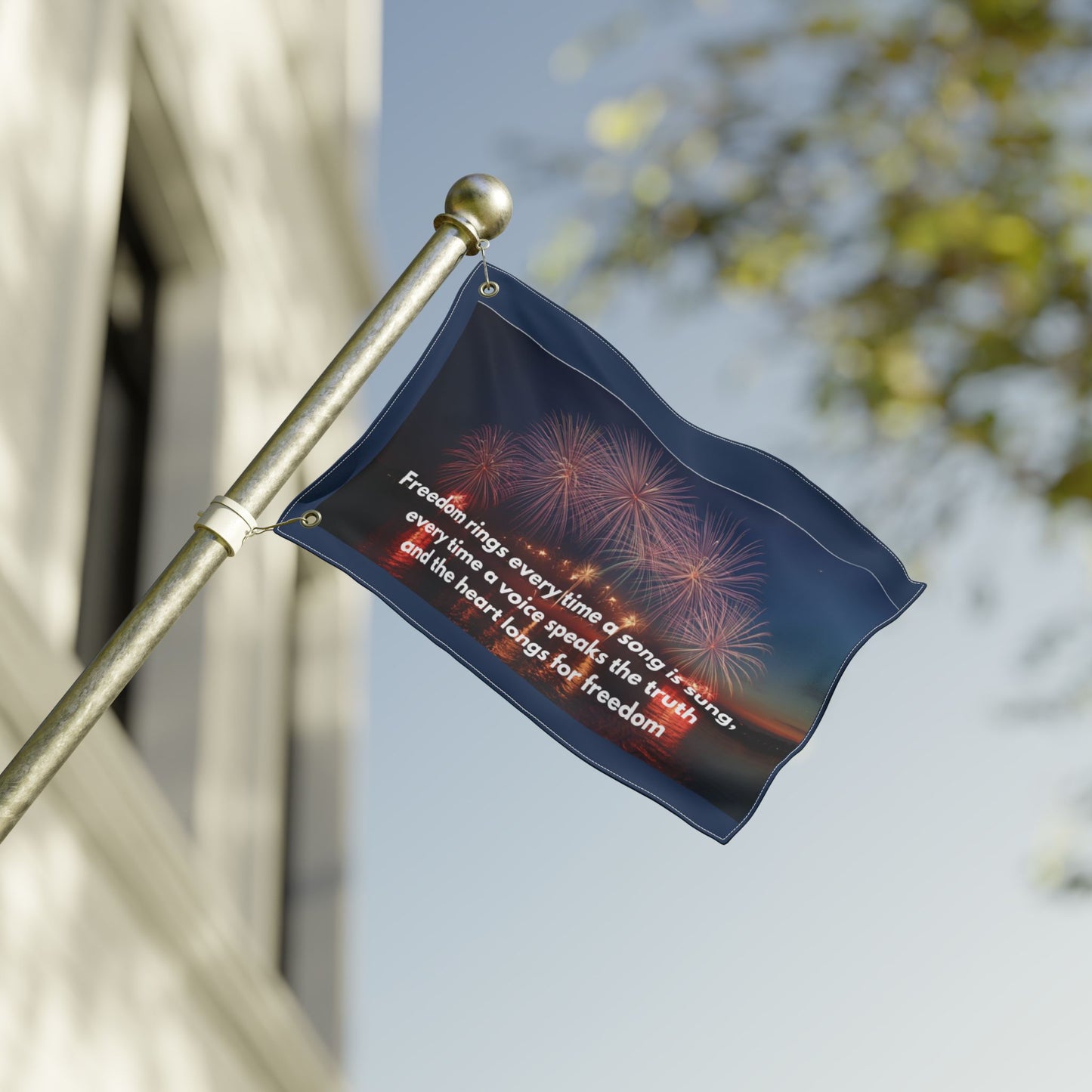 Freedom Fireworks Flag — Double-Sided Patriotic Yard Banner with Inspirational Quote
