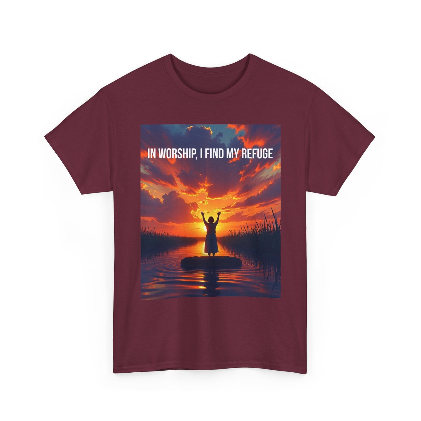 Worship Refuge T-Shirt — "In Worship, I Find My Refuge" Sunset Silhouette Christian Tee