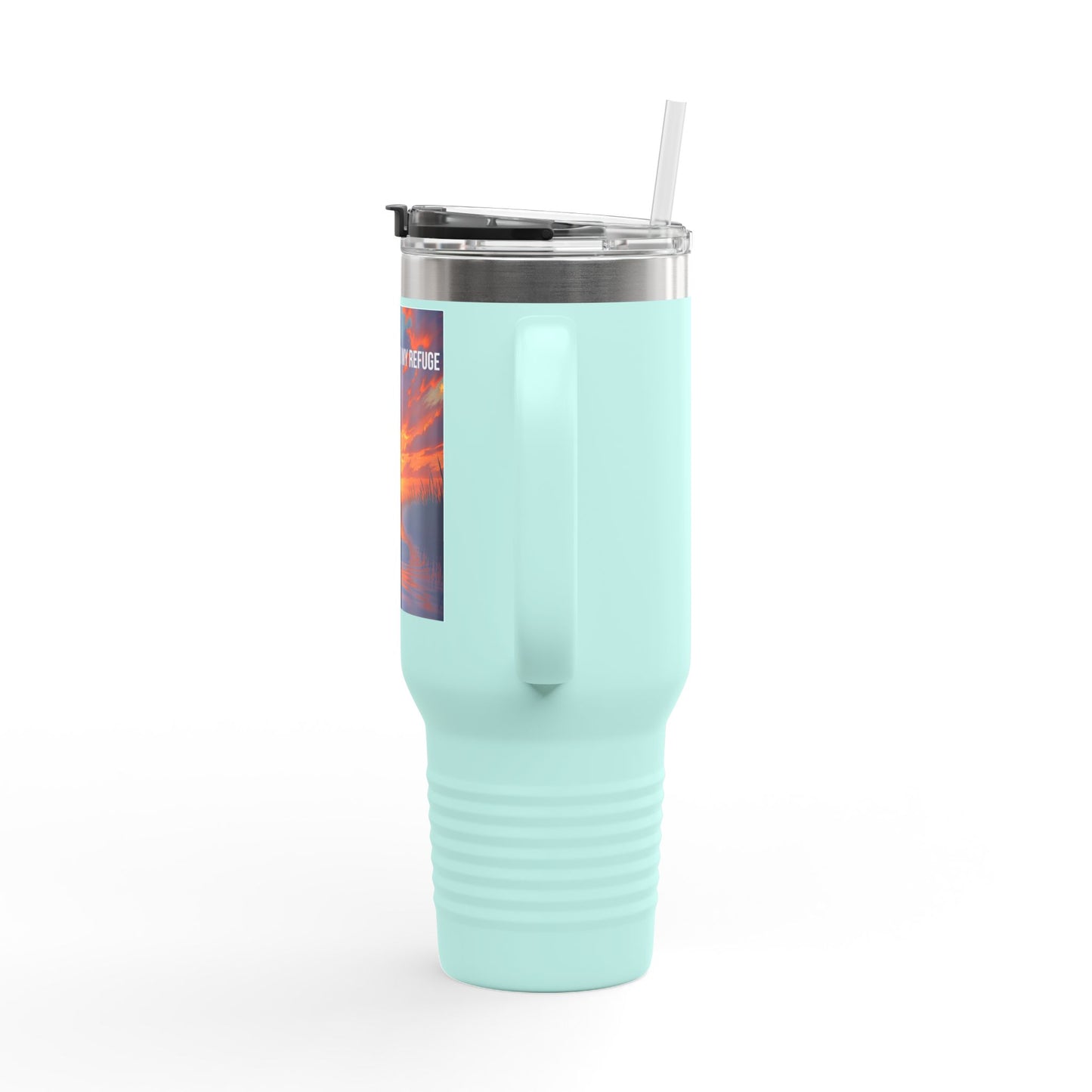 40oz Insulated Travel Mug — "In Worship I Find My Refuge" Sunset Paddleboard Design