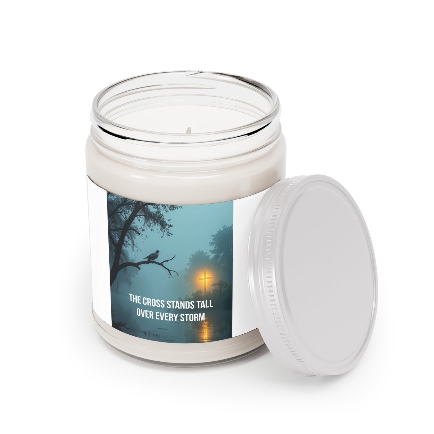 Inspirational Cross Soy Candle — "The Cross Stands Tall Over Every Storm" (9oz)