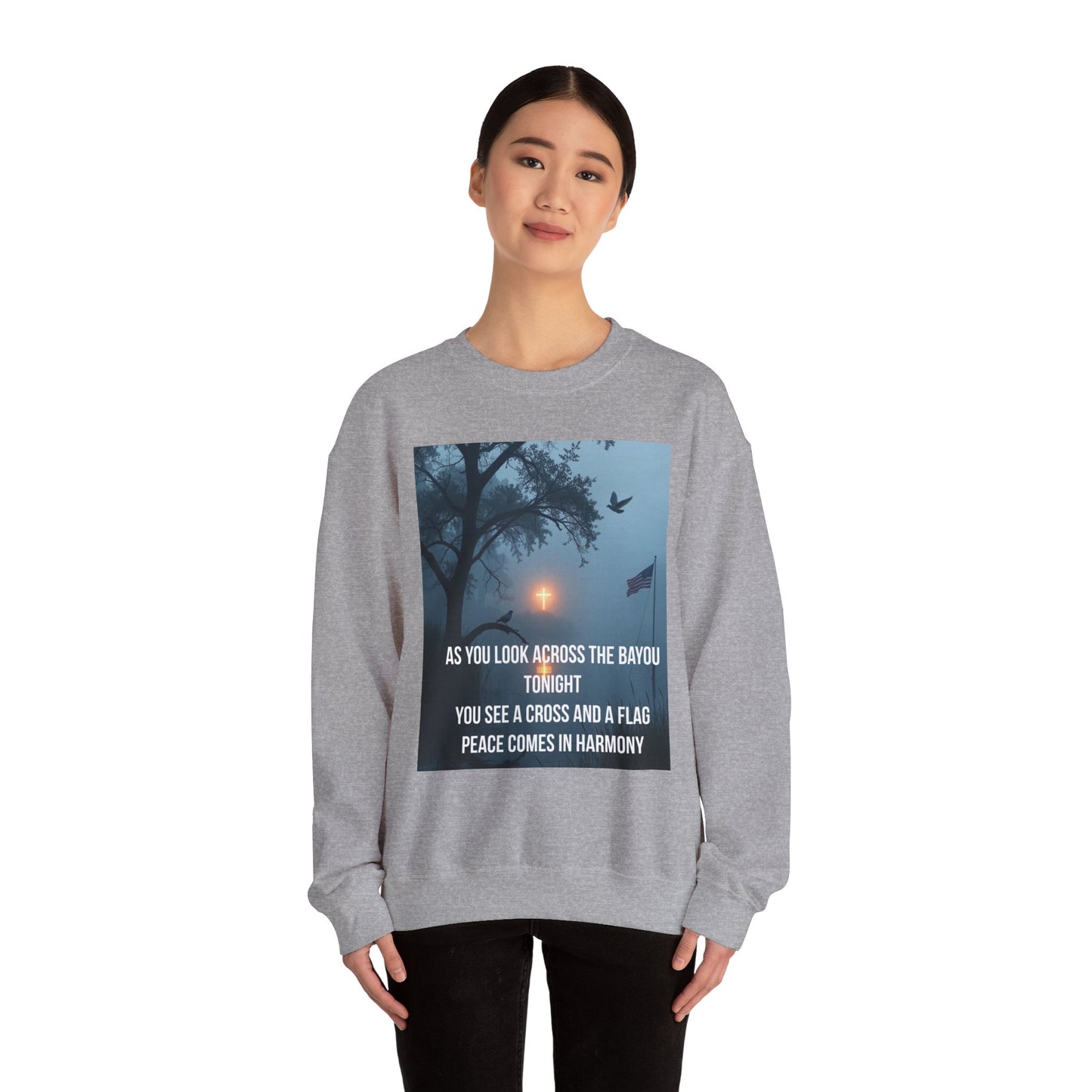 Crewneck Sweatshirt — Bayou Nightscape with Lyrics: "As You Look Across the Bayou Tonight"
