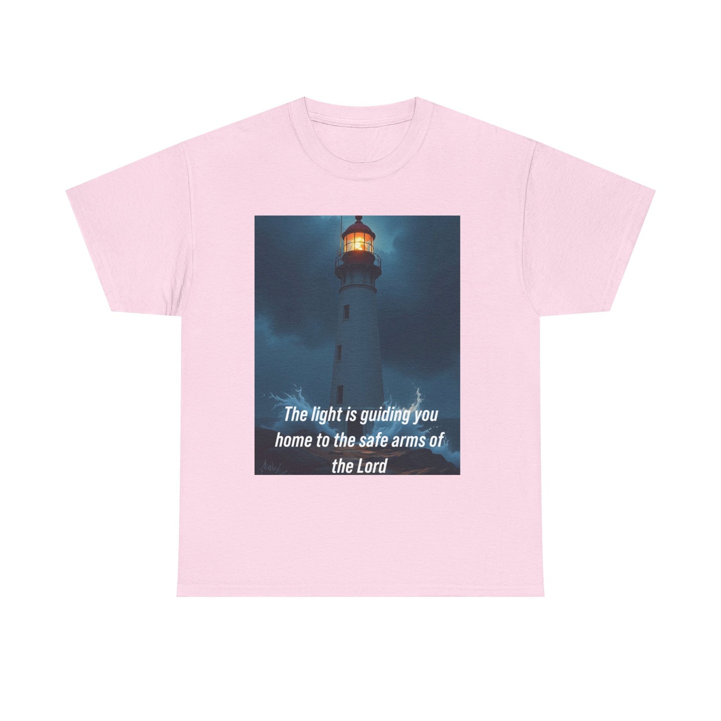 Christian Lighthouse T-Shirt — "The light is guiding you home to the safe arms of the Lord"