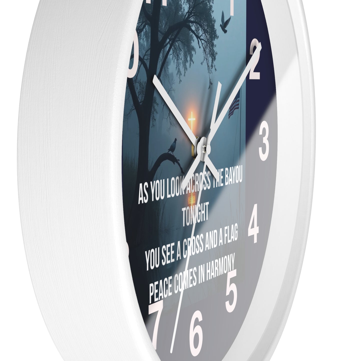 Bayou Cross & Flag Wall Clock — Patriotic Peaceful Sunset Decor