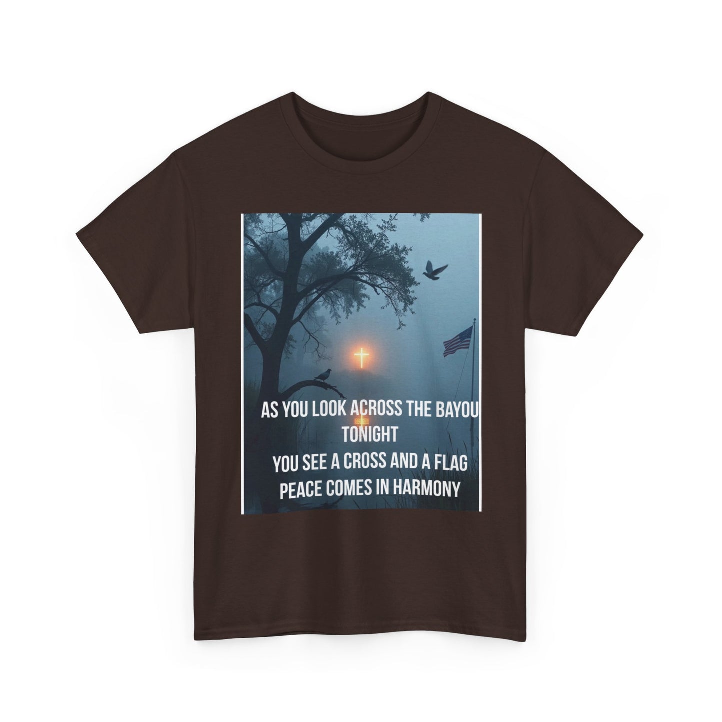 T-Shirt — Bayou Sunset Cross & Flag Graphic Tee ("As You Look Across the Bayou Tonight")
