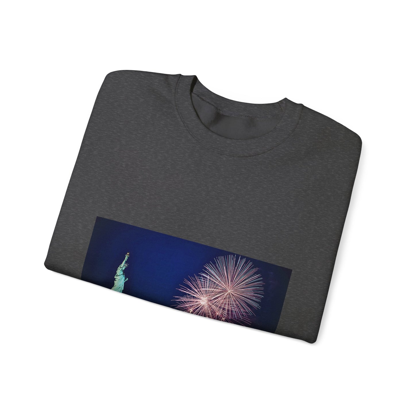 Liberty Night Crewneck Sweatshirt — Statue of Liberty Fireworks "Her Torch Still Lights the Path to Freedom"
