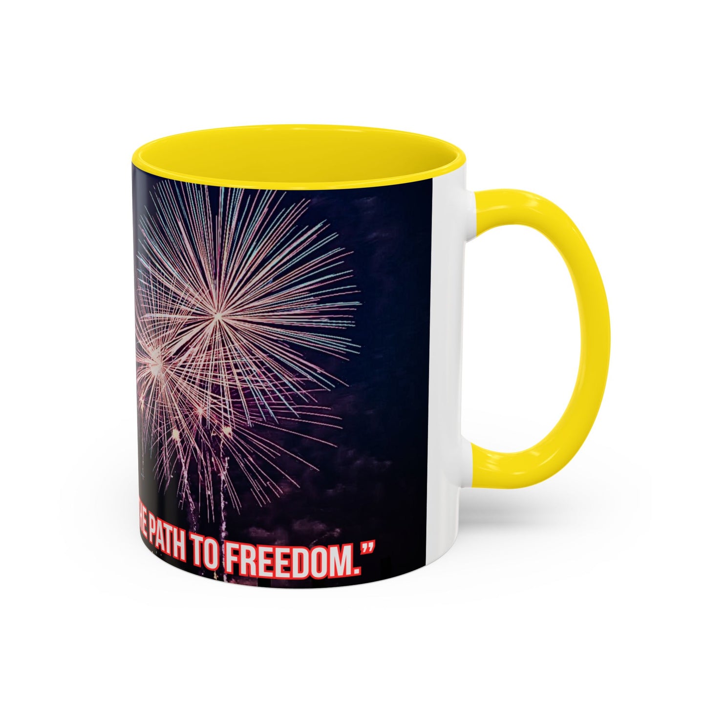 Fireworks Accent Coffee Mug — Inspirational "Lights the Path to Freedom" Design