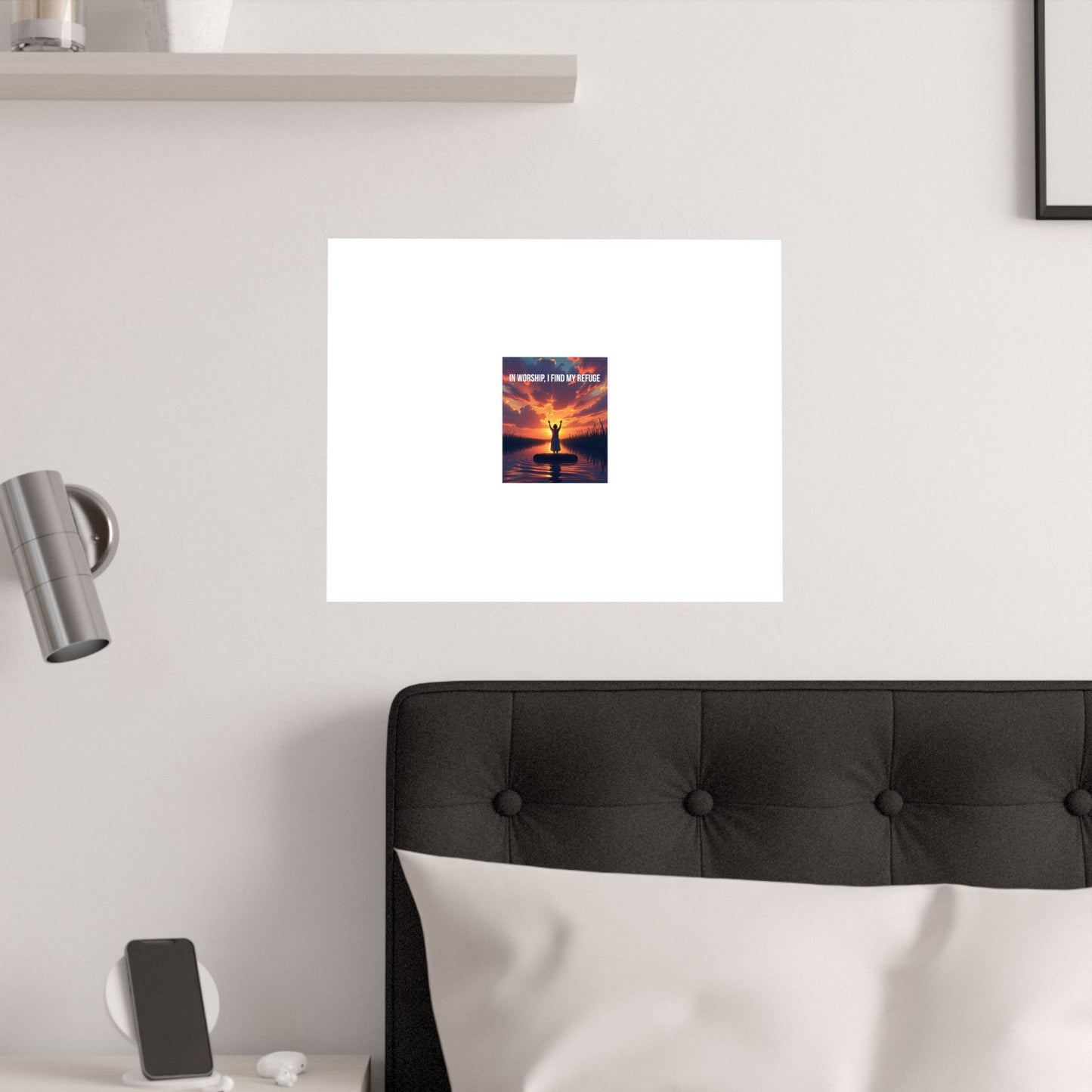Inspirational Satin Poster — "In Worship I Find My Refuge" Sunset Silhouette