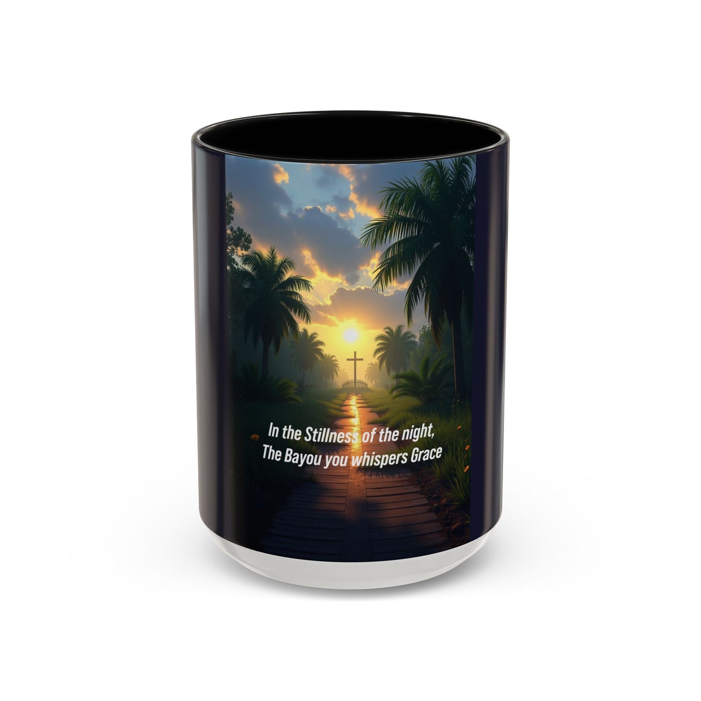 Accent Coffee Mug — Tranquil Bayou Sunset Mug with Cross & Inspirational Quote