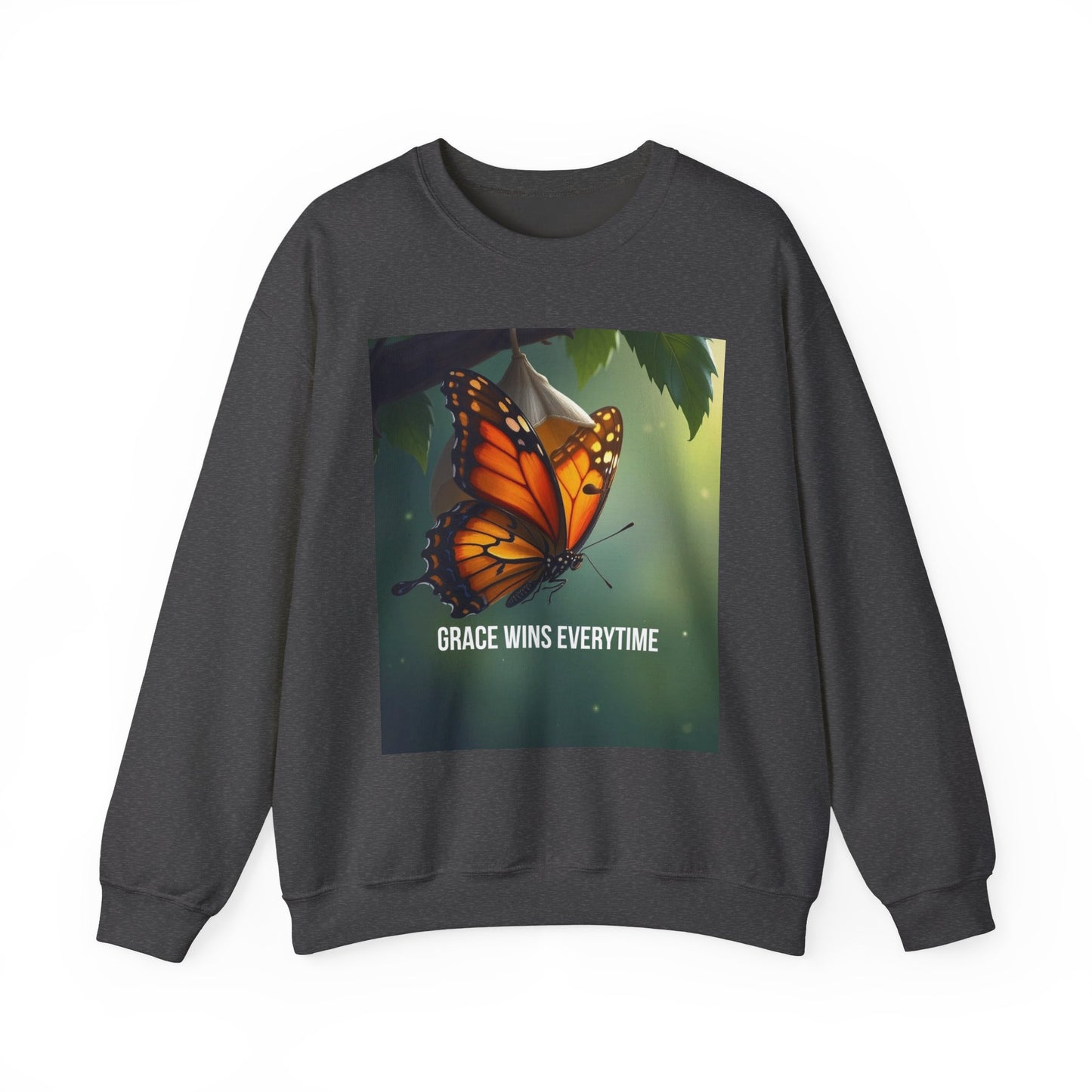 Crewneck Sweatshirt — Grace Wins Everytime Monarch Butterfly Inspirational Tee