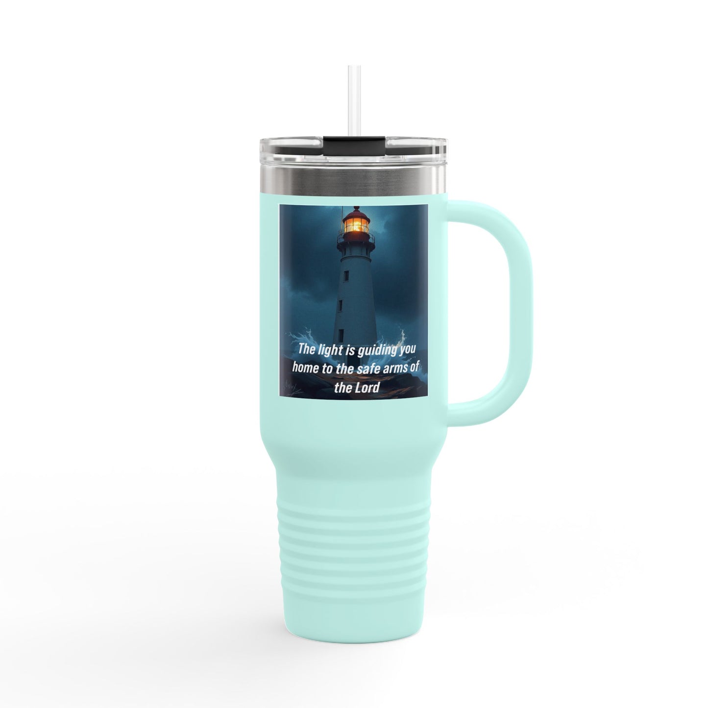40oz Insulated Travel Mug – Lighthouse 'The light is guiding you home to the safe arms of the Lord'