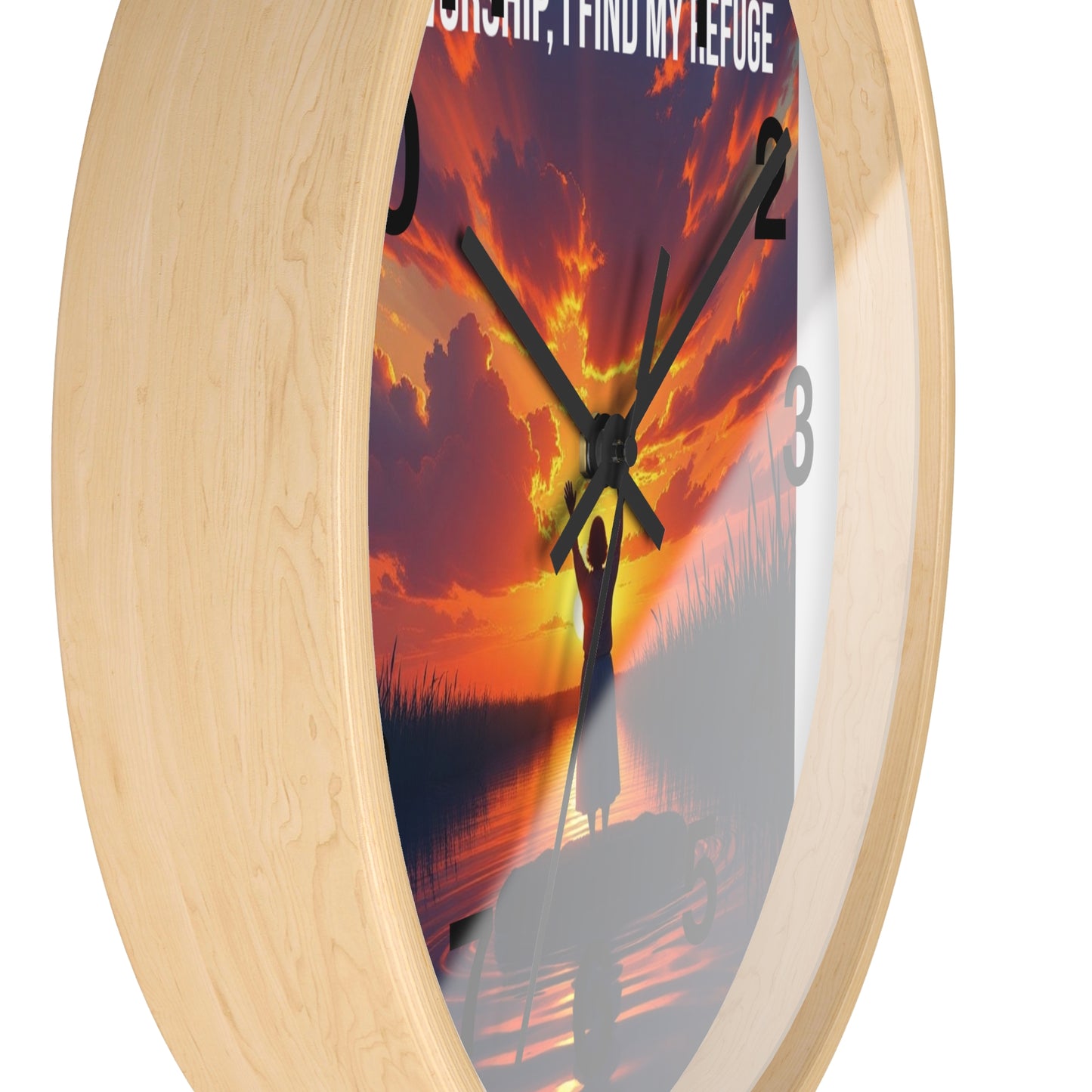 Wall Clock — "In Worship, I Find My Refuge" Sunset Silhouette Christian Clock