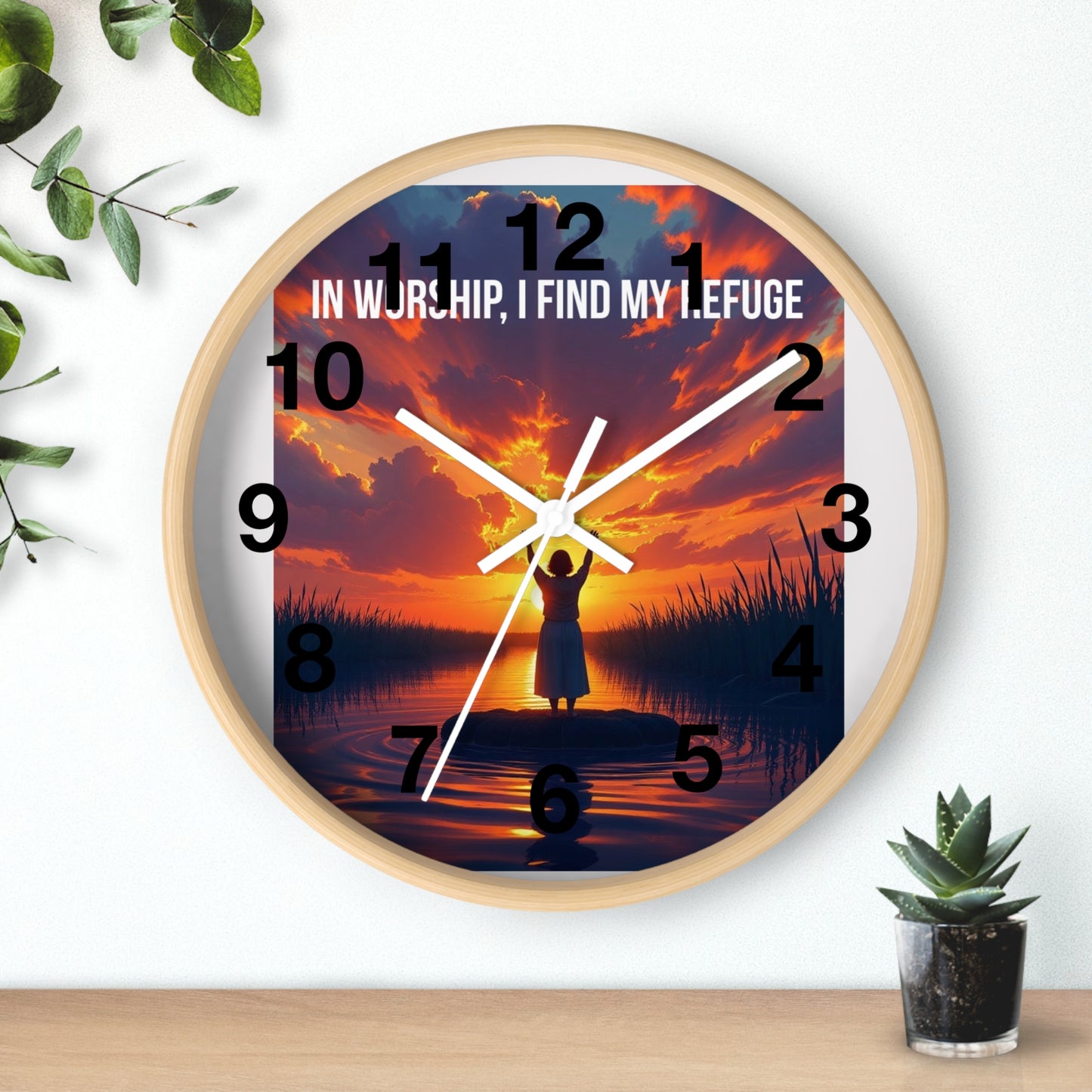 Wall Clock — "In Worship, I Find My Refuge" Sunset Silhouette Christian Clock