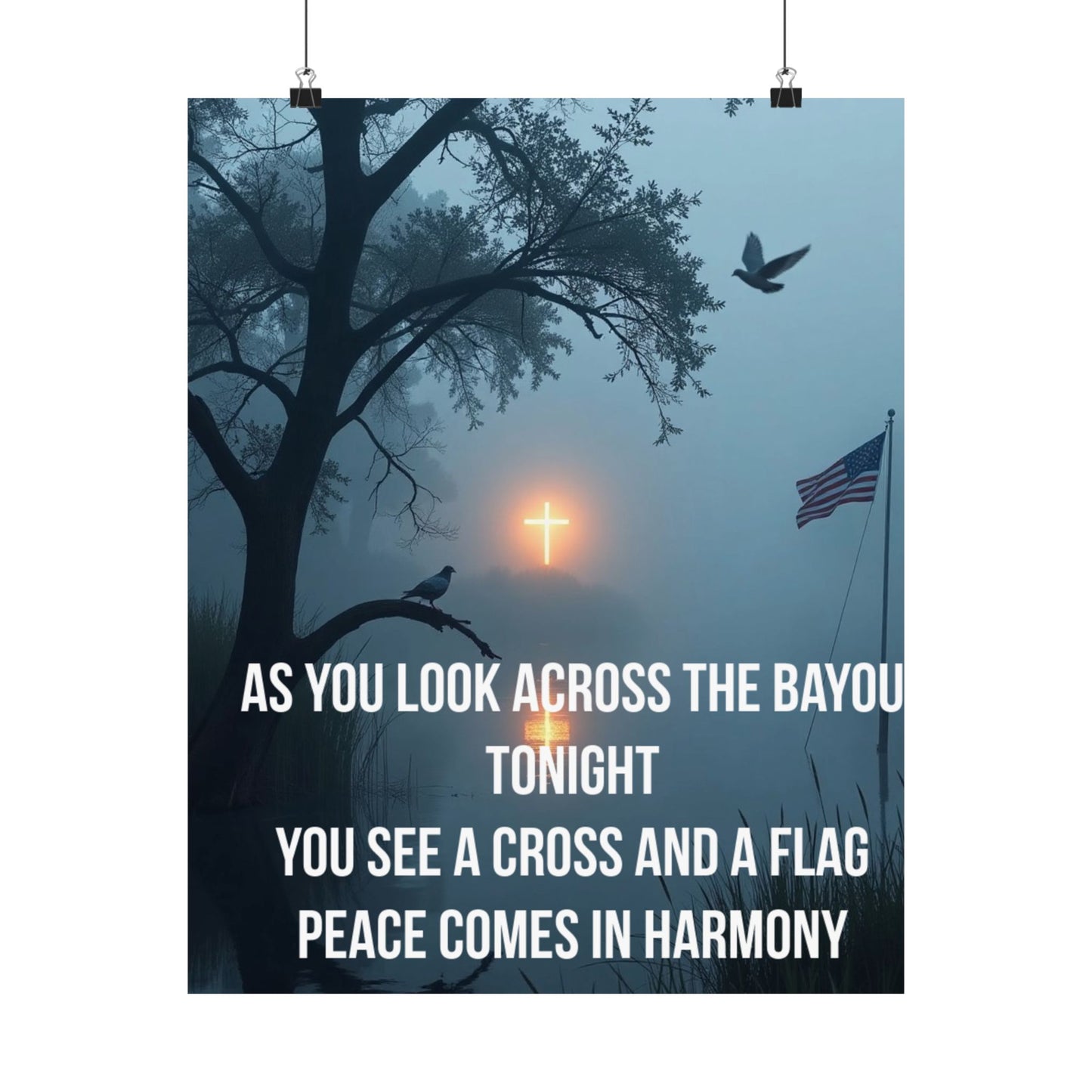Satin Poster — 'As You Look Across the Bayou Tonight' Inspirational Cross & Flag Wall Art