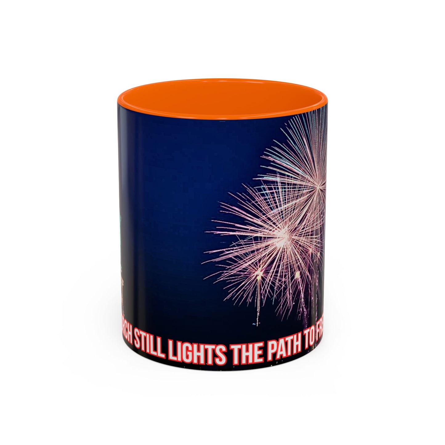 Fireworks Accent Coffee Mug — Inspirational "Lights the Path to Freedom" Design