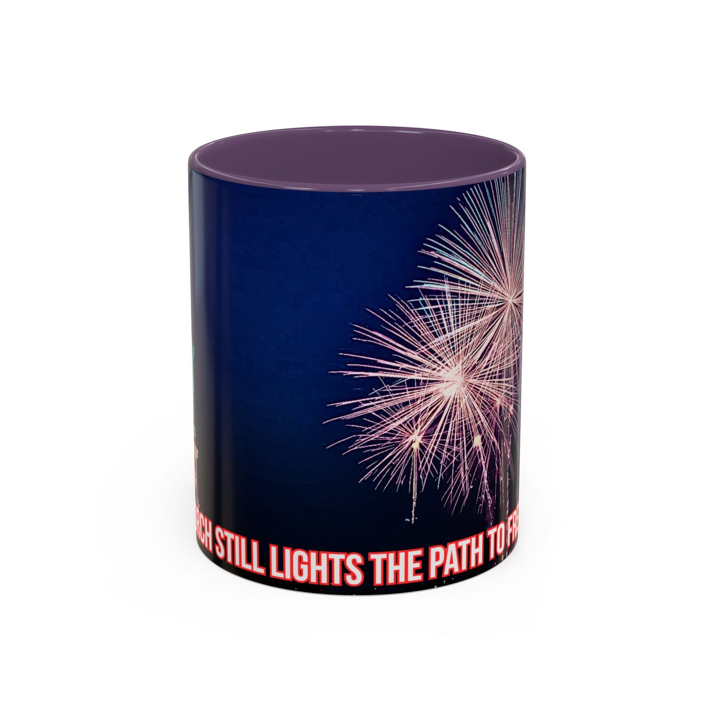 Fireworks Accent Coffee Mug — Inspirational "Lights the Path to Freedom" Design