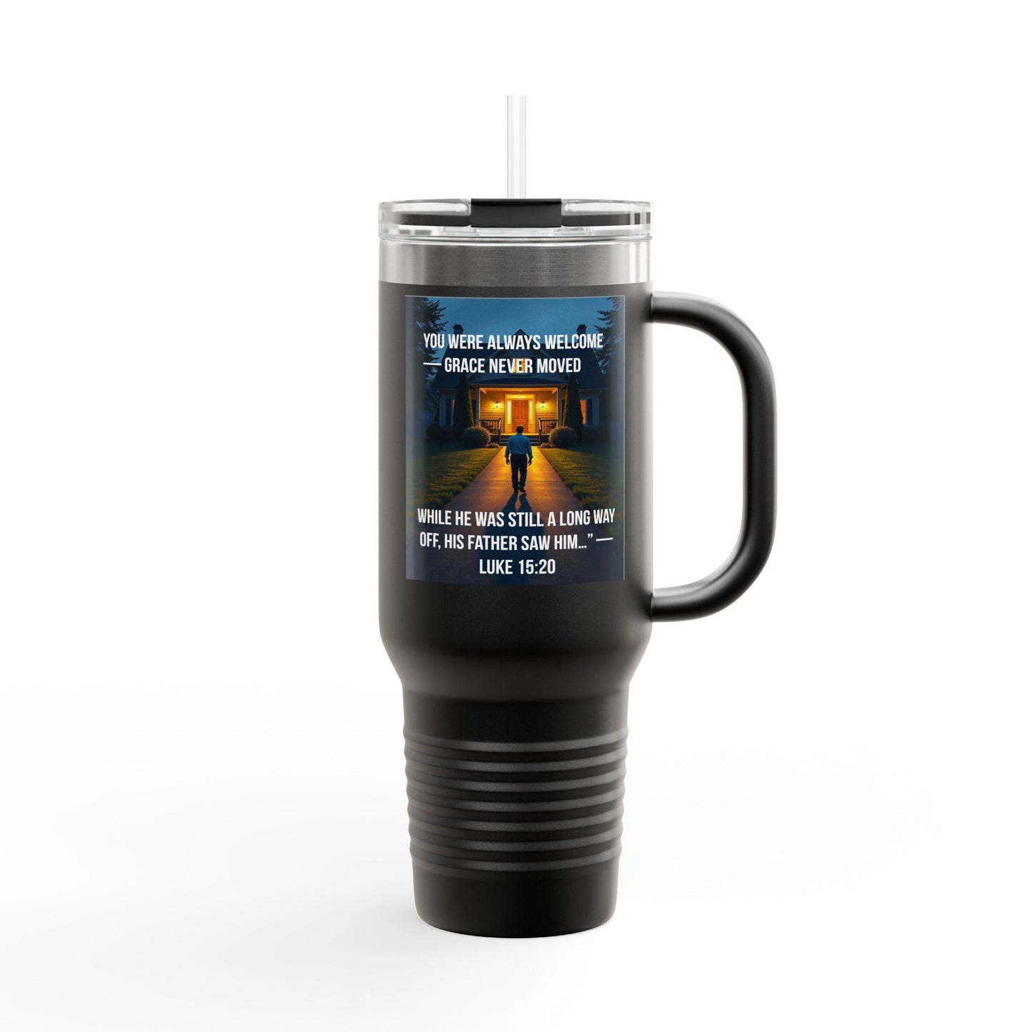 40oz Insulated Travel Mug – Faith Quote Luke 15:20 ‘Grace Never Moved’