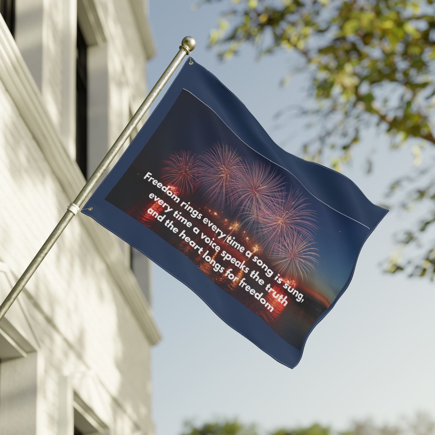 Freedom Fireworks Flag — Double-Sided Patriotic Yard Banner with Inspirational Quote