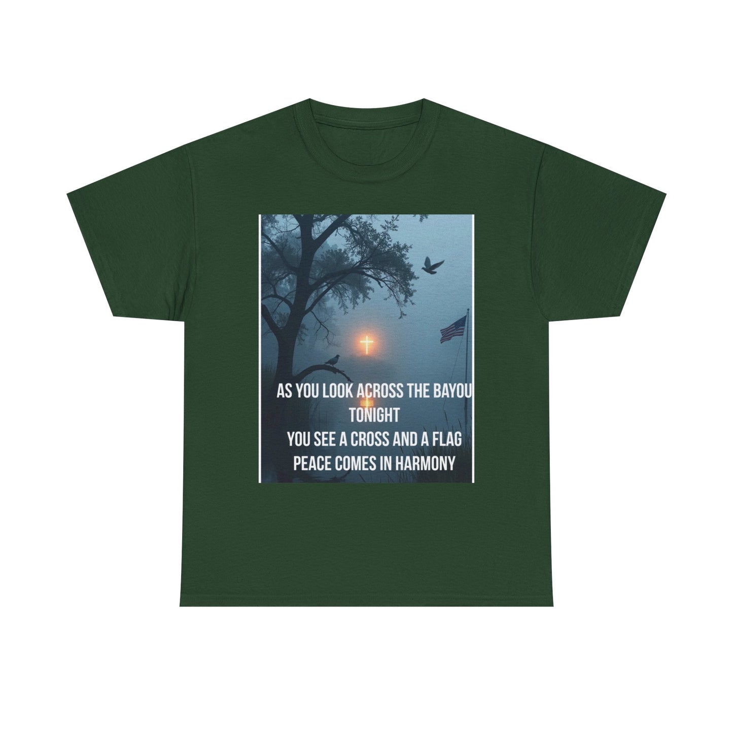 T-Shirt — Bayou Sunset Cross & Flag Graphic Tee ("As You Look Across the Bayou Tonight")