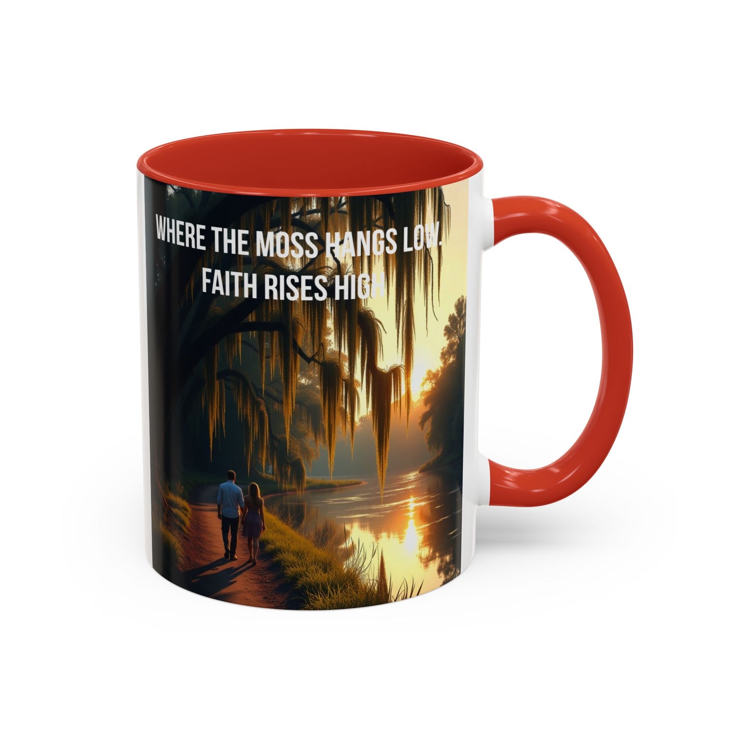 Accent Coffee Mug — "Where the Moss Hangs Low, Faith Rises High" Scenic Faith Inspirational Mug