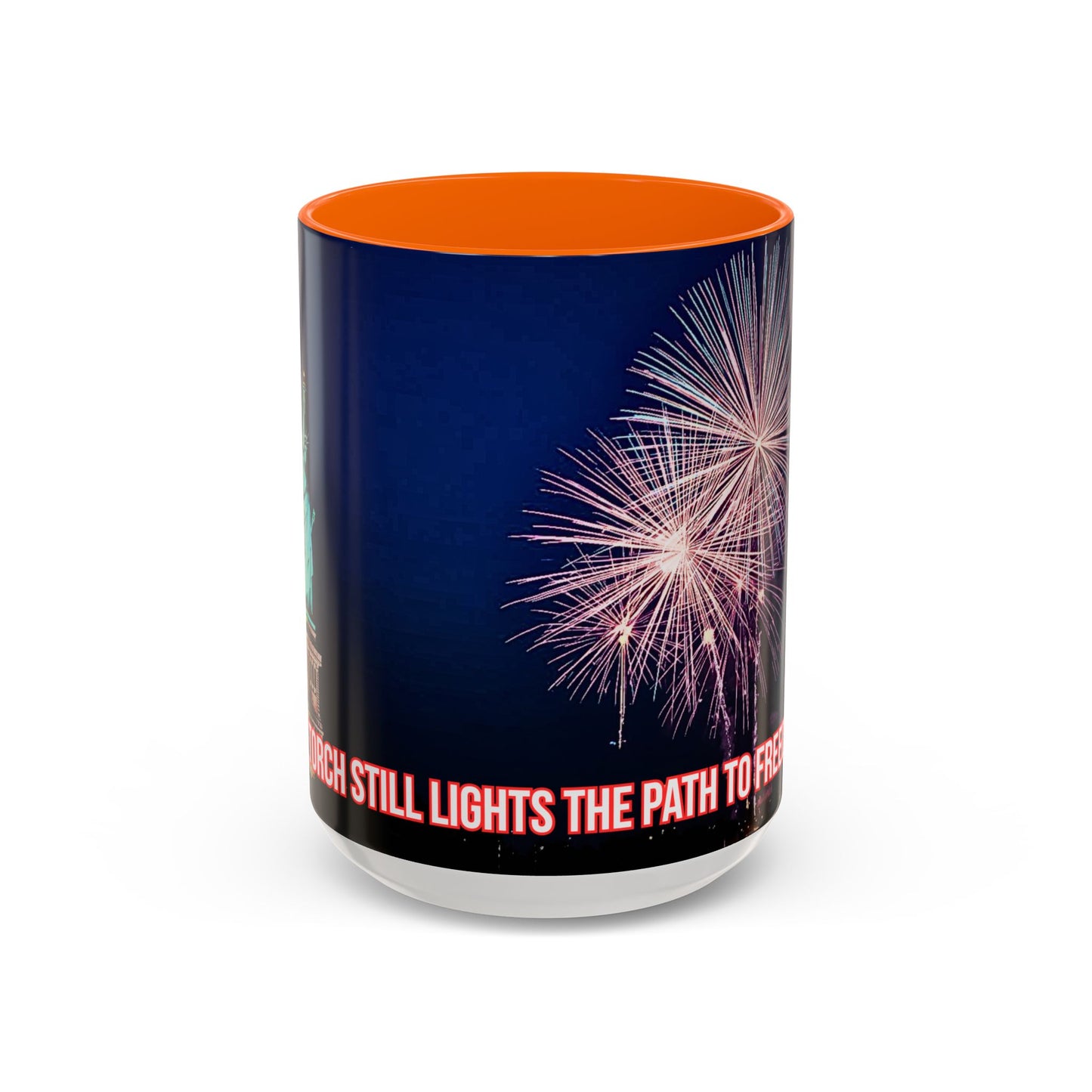 Fireworks Accent Coffee Mug — Inspirational "Lights the Path to Freedom" Design