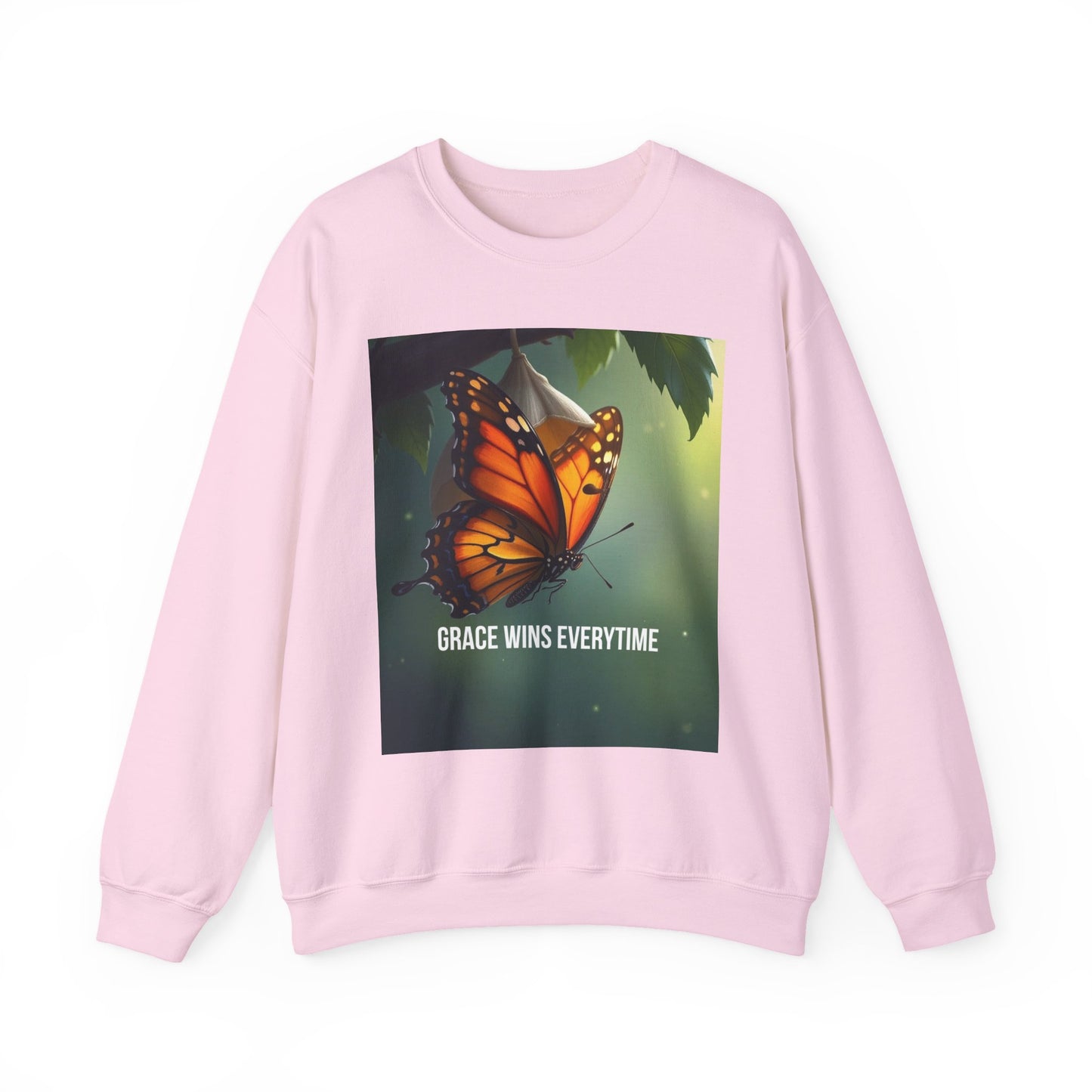 Crewneck Sweatshirt — Grace Wins Everytime Monarch Butterfly Inspirational Tee