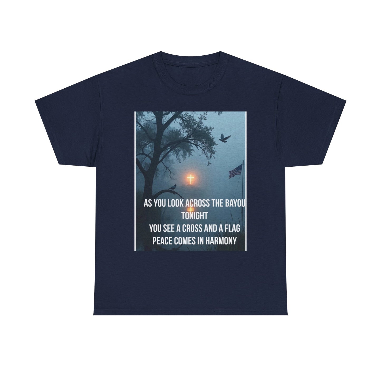 T-Shirt — Bayou Sunset Cross & Flag Graphic Tee ("As You Look Across the Bayou Tonight")