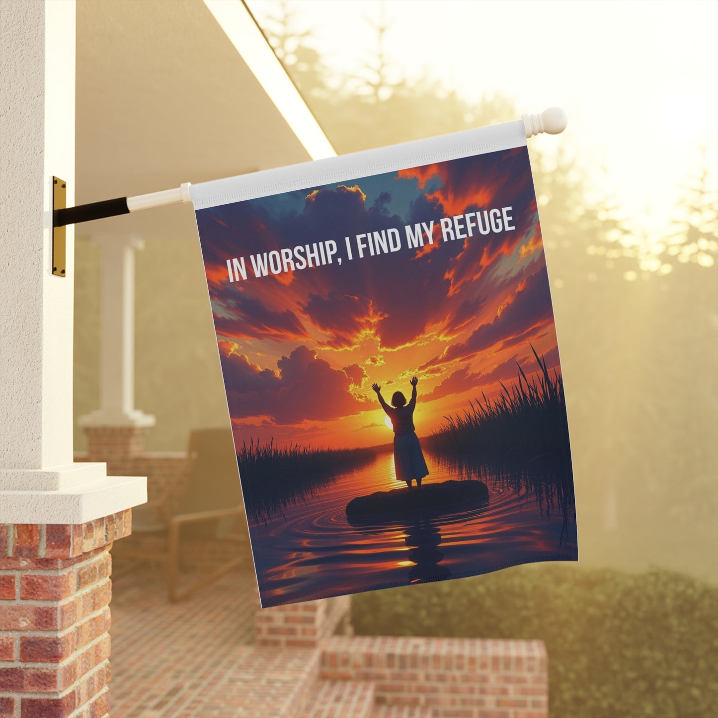 Garden Banner — "In Worship, I Find My Refuge" Religious Outdoor Flag